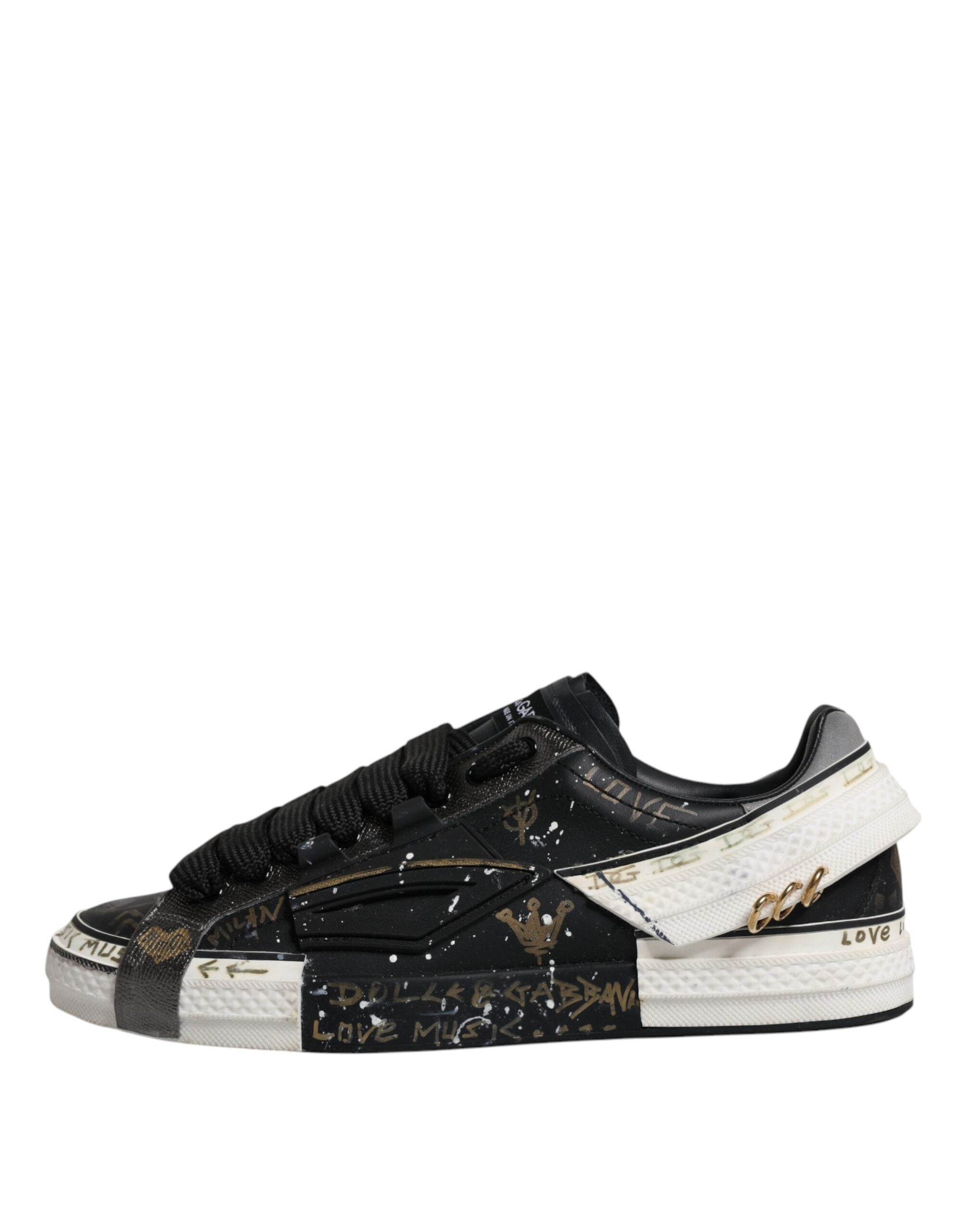Chaussures sneakers basses Dolce & Gabbana Portofino en noir et blanc, vue de côté avec semelle blanche.