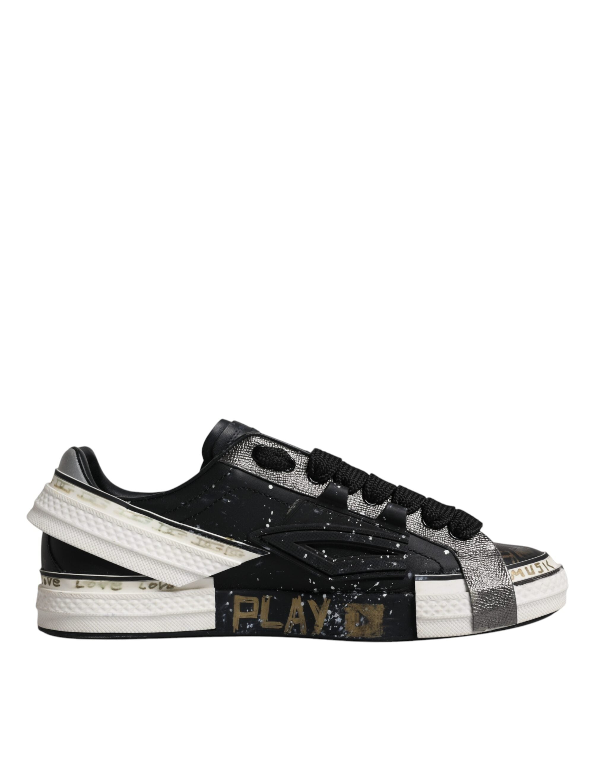 Chaussures basses Dolce & Gabbana Portofino noires et blanches, sneakers en toile avec détails élégants.