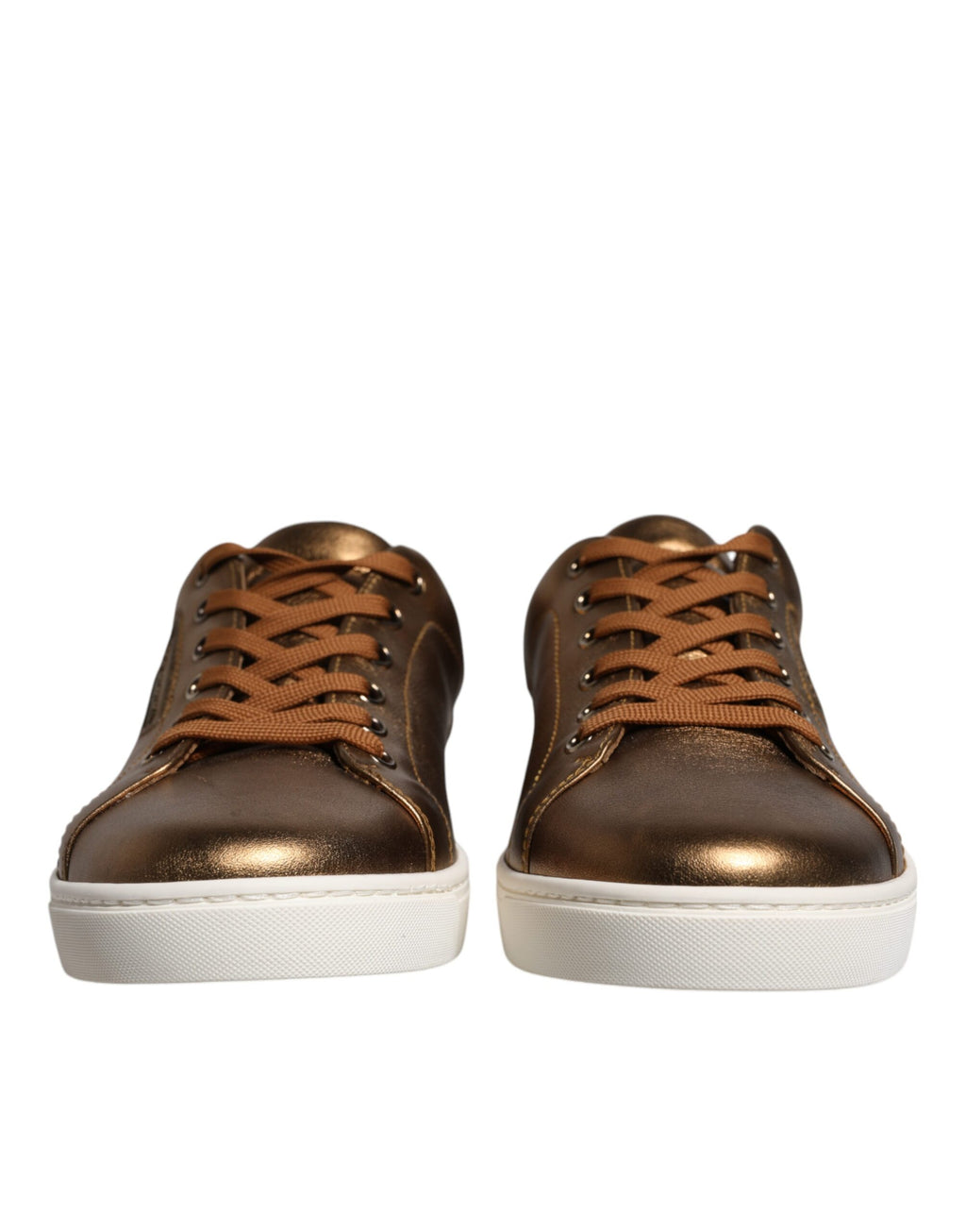 Chaussures sneakers pour hommes Dolce & Gabbana en cuir doré avec logo London, style élégant et moderne.