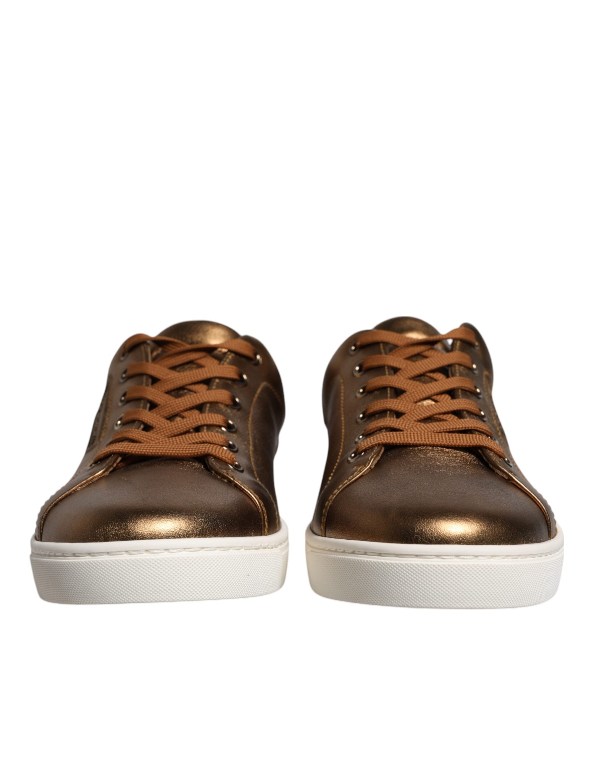 Chaussures sneakers pour hommes Dolce & Gabbana en cuir doré avec logo London, style élégant et moderne.