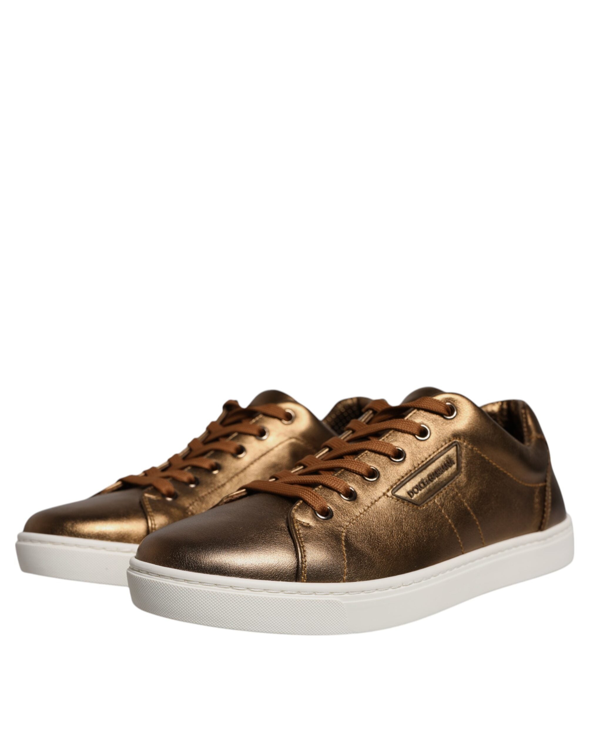 Chaussures sneakers homme Dolce & Gabbana en cuir doré avec logo London, style élégant et moderne.