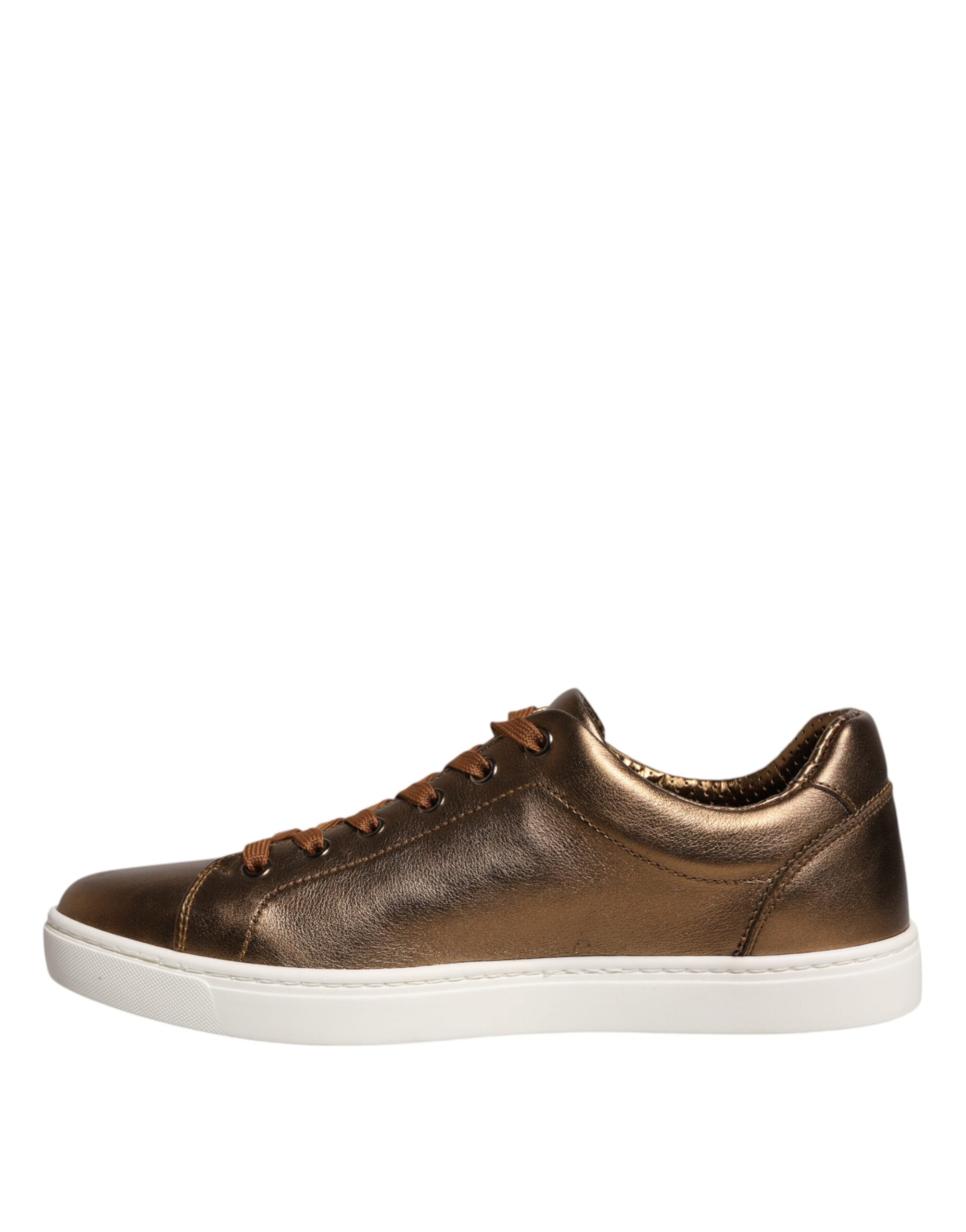 Sneakers hommes Dolce & Gabbana en cuir doré avec logo London, style élégant et moderne, vue de face sur fond blanc.