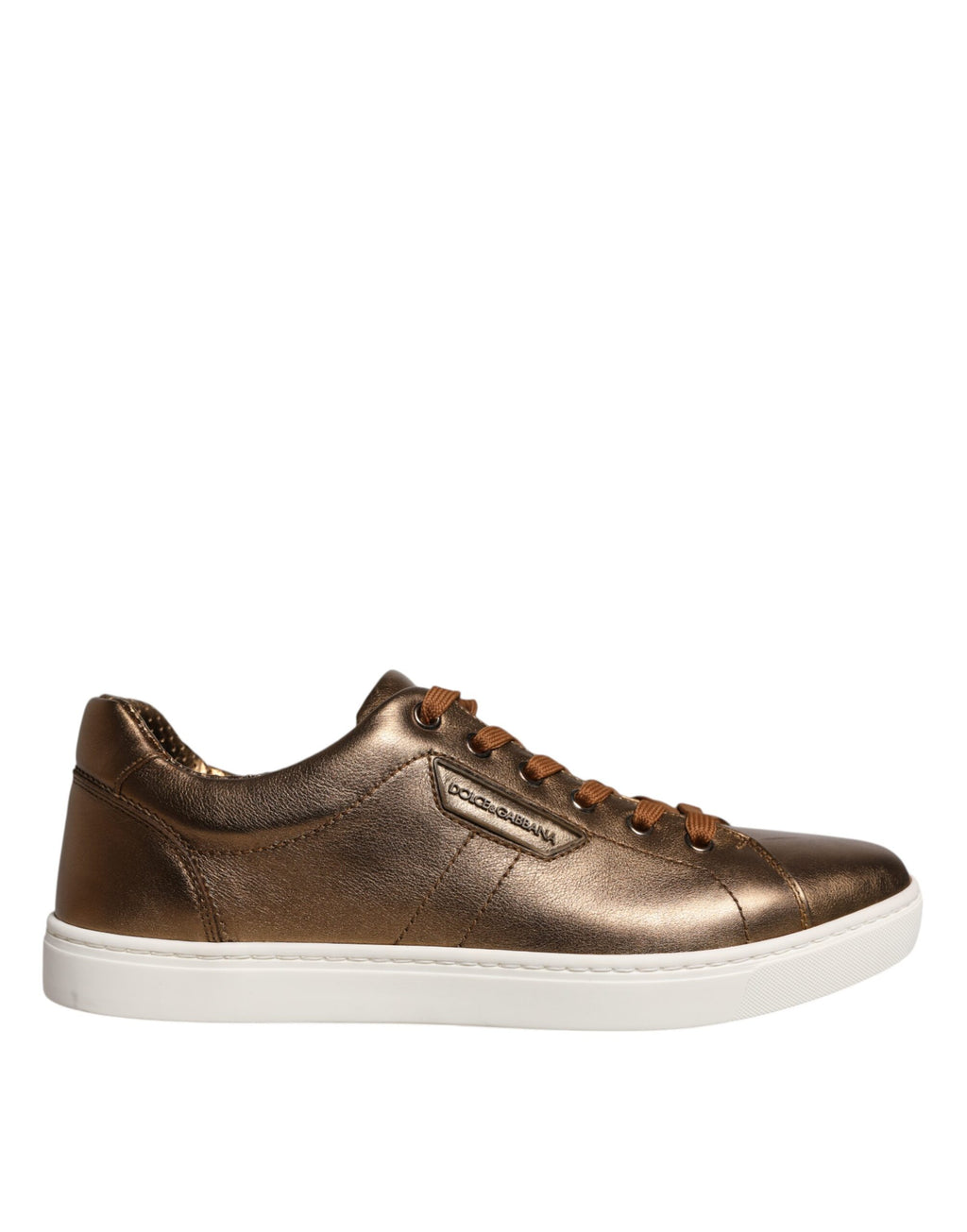 Chaussures de sport homme Dolce & Gabbana en cuir doré avec logo London, baskets élégantes et modernes.