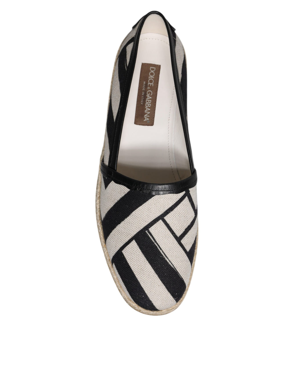 Chaussures espadrilles Dolce & Gabbana à rayures noires et blanches, slip-on, style décontracté et élégant.