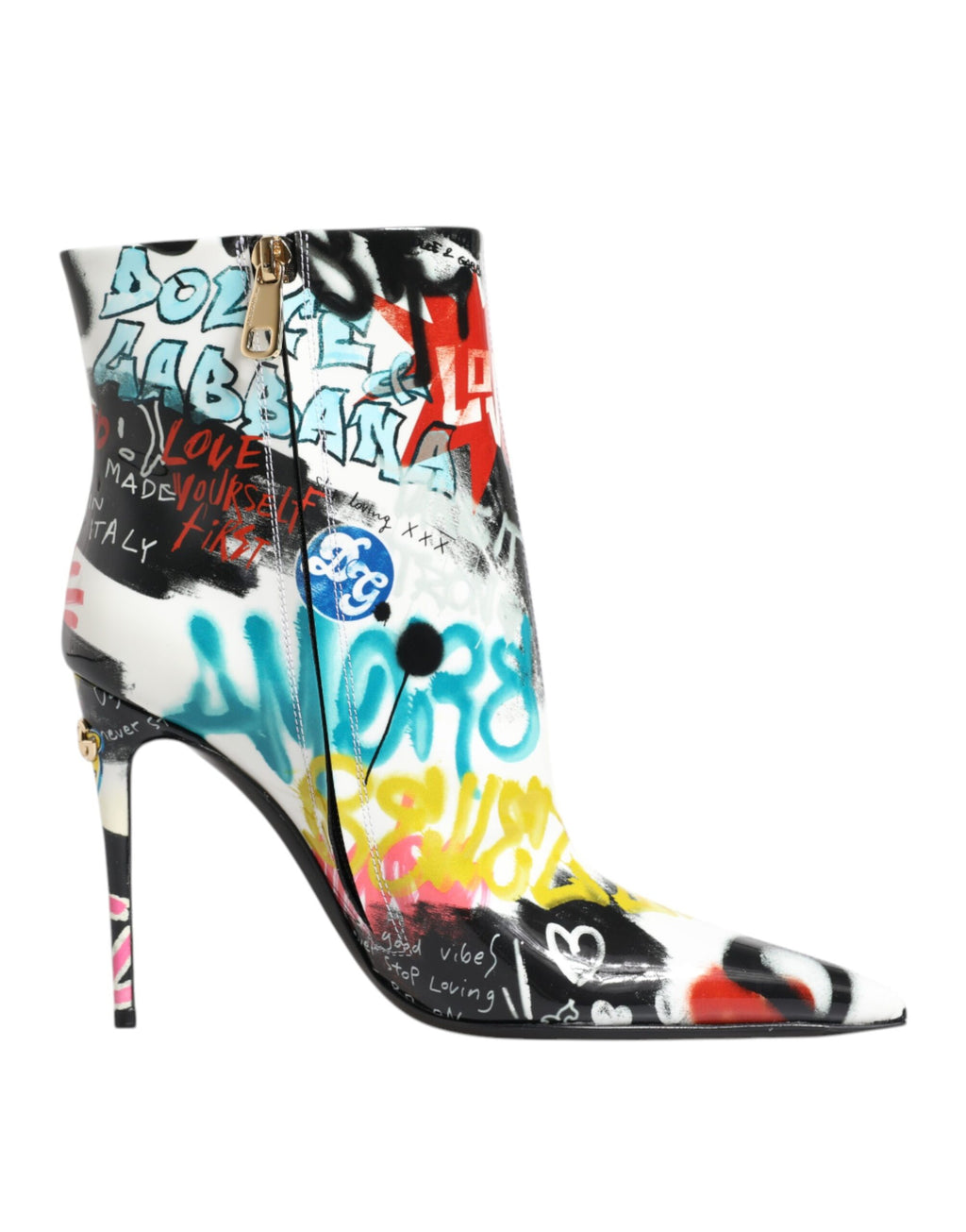 Chaussures Dolce & Gabbana Keira mi-mollet à graffiti multicolore, style moderne et coloré, en cuir avec motifs artistiques.