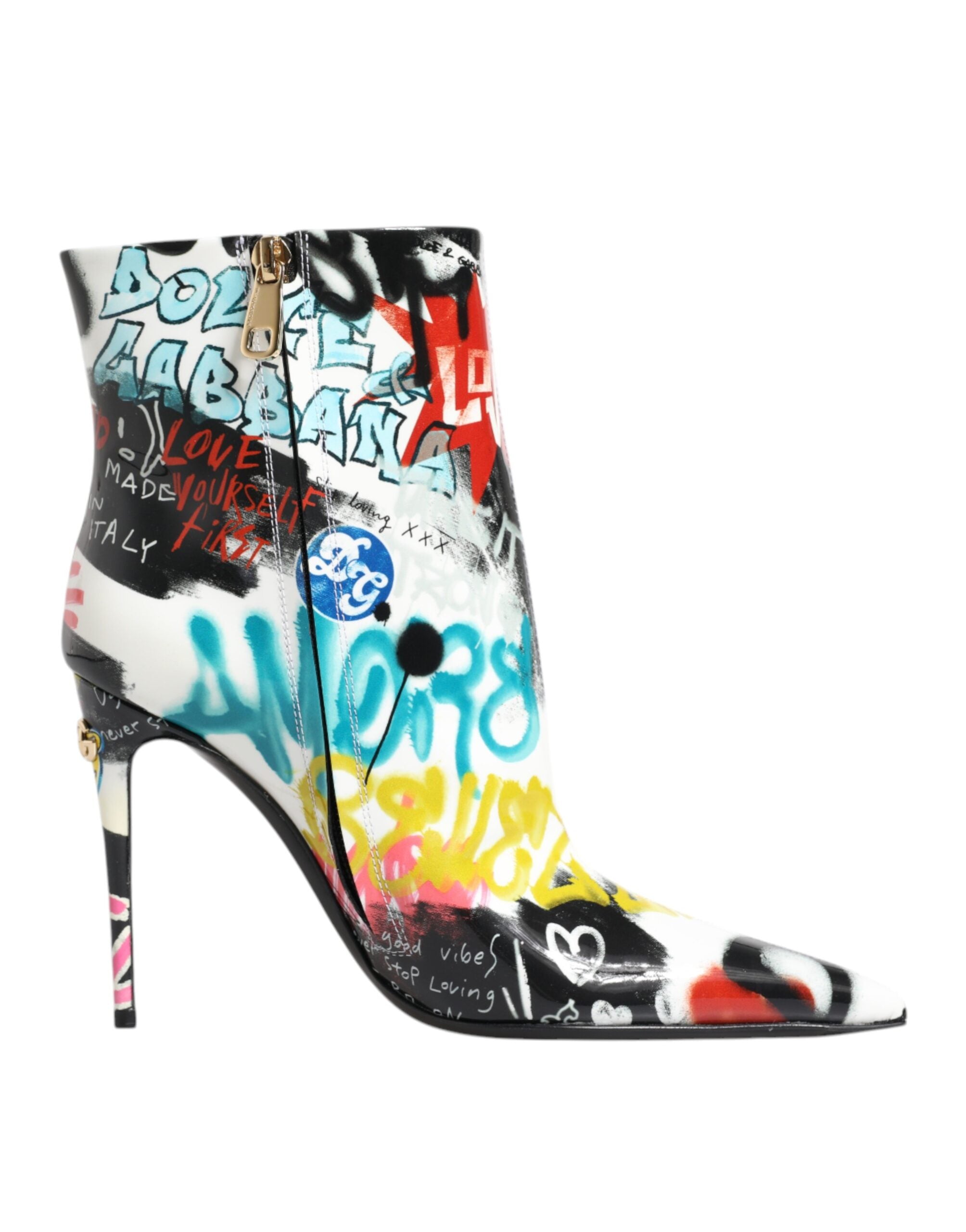 Chaussures Dolce & Gabbana Keira mi-mollet à graffiti multicolore, style moderne et coloré, en cuir avec motifs artistiques.