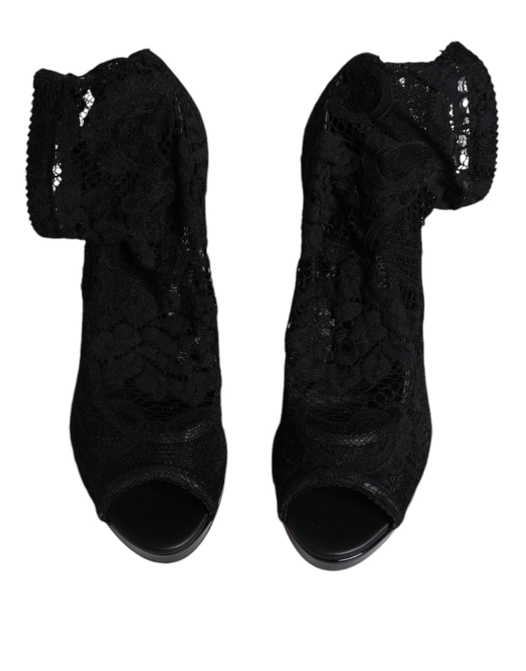 Bottes noires Dolce & Gabbana Taormina en dentelle extensible, élégantes et sophistiquées, vues de face sur fond neutre.