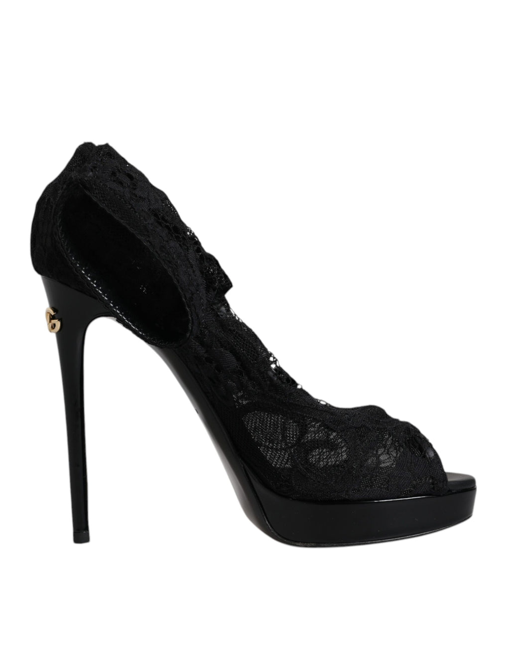 Bottes noires en dentelle extensible Dolce & Gabbana Taormina, style élégant et sophistiqué, vue de côté.