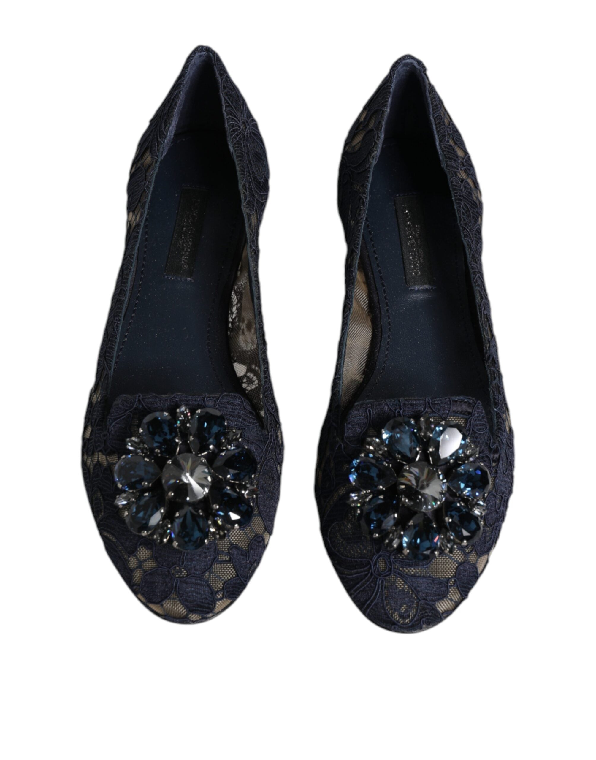 Chaussures plates en dentelle et cristaux bleus Dolce & Gabbana Taormina, élégantes et sophistiquées pour femmes.