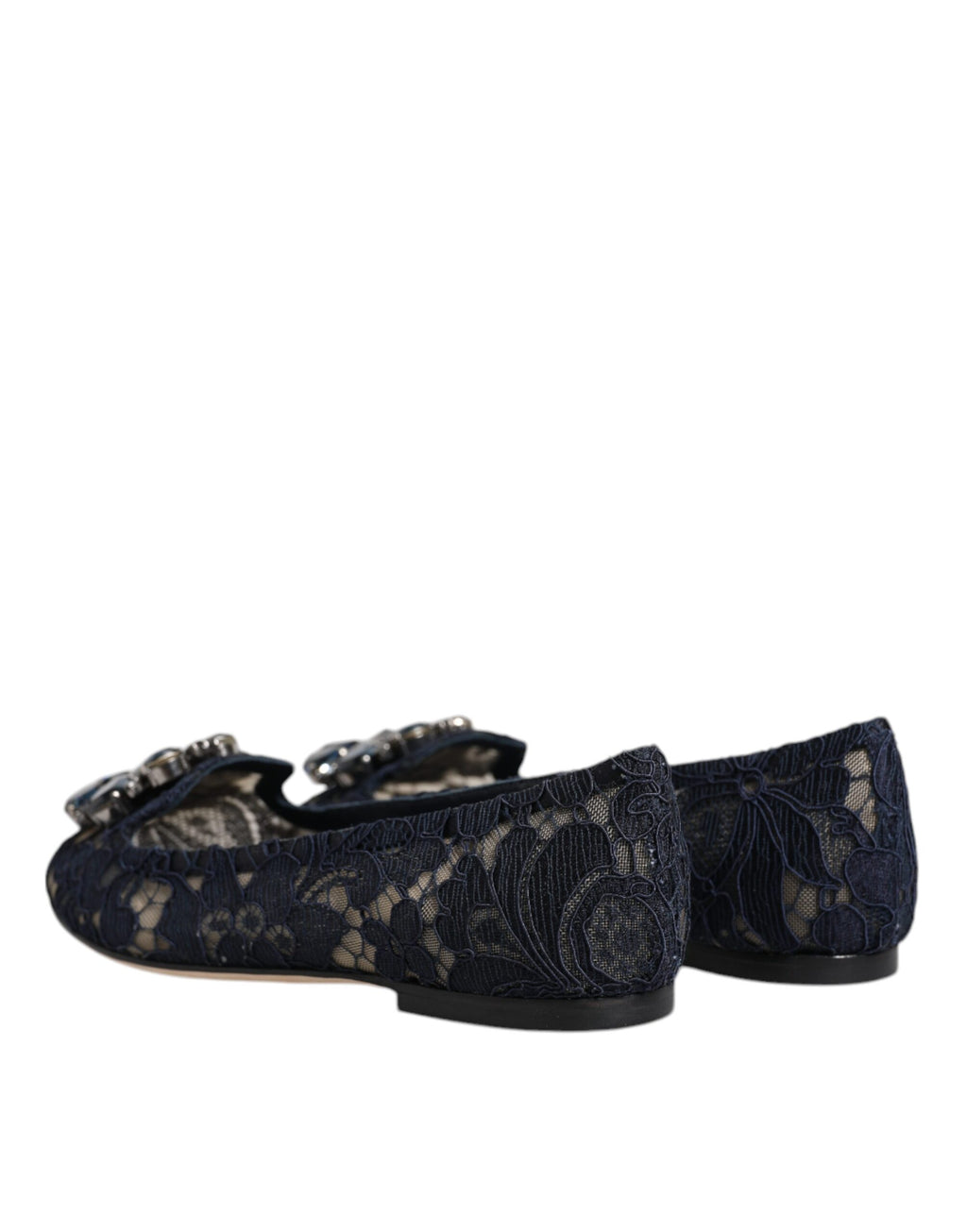 Chaussures plates Dolce & Gabbana Taormina en dentelle bleue avec cristaux, élégantes et détaillées, vue de face.