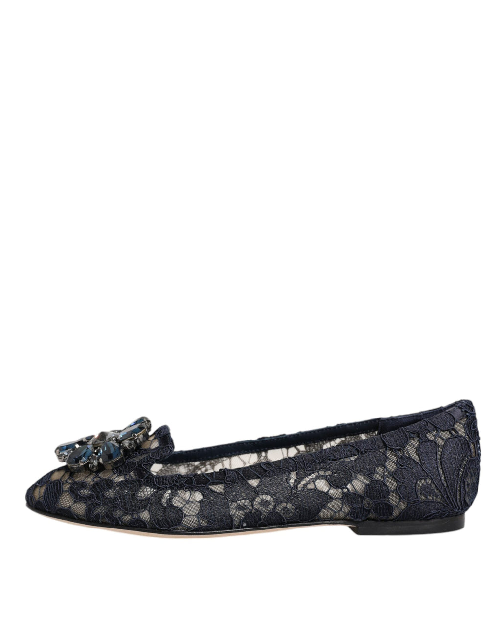 Chaussures plates Dolce & Gabbana Taormina en dentelle bleue avec cristaux, détails élégants et finition raffinée.