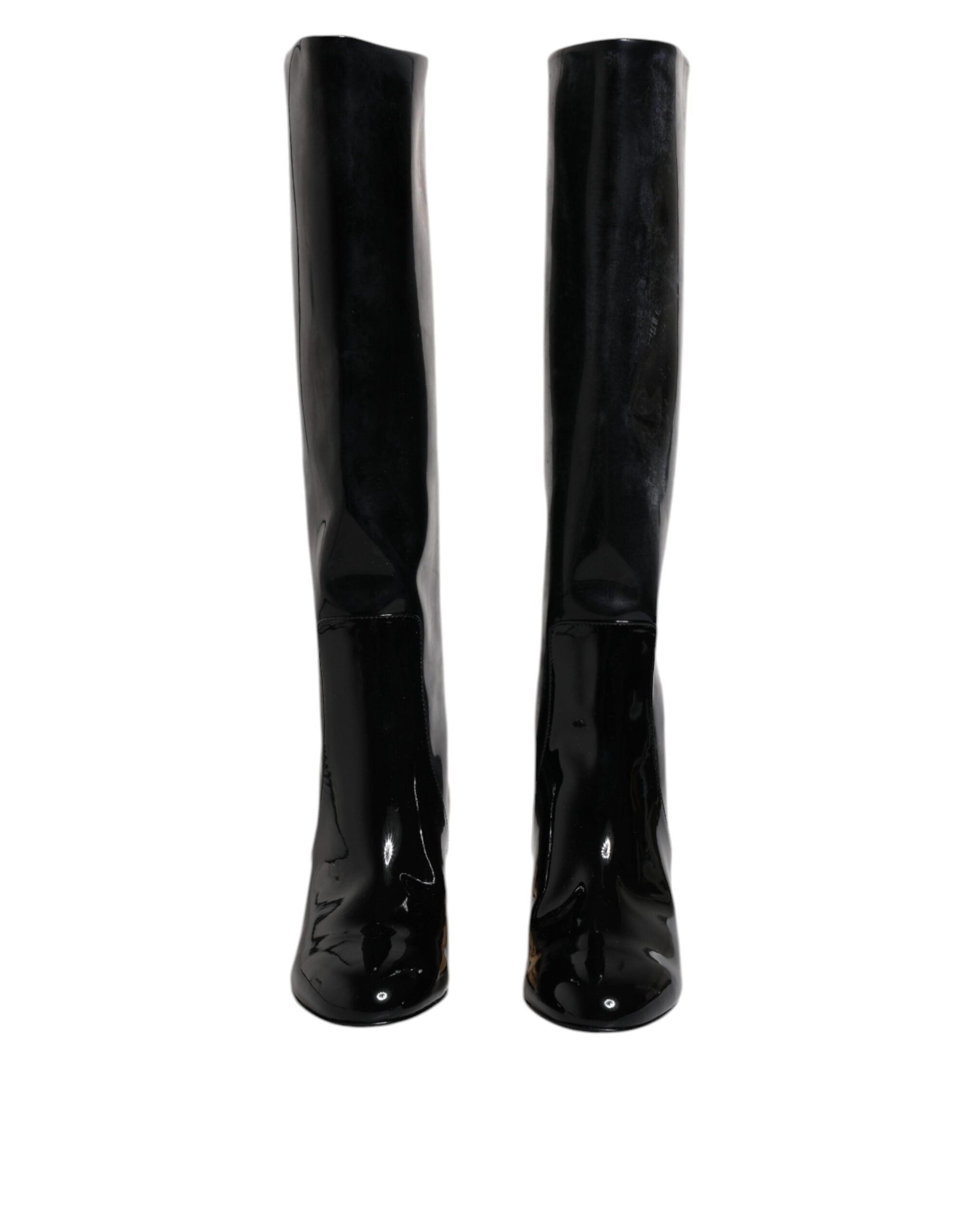 Bottes hautes en cuir verni noir Dolce & Gabbana Vally, chaussures élégantes avec finition brillante et talons hauts.