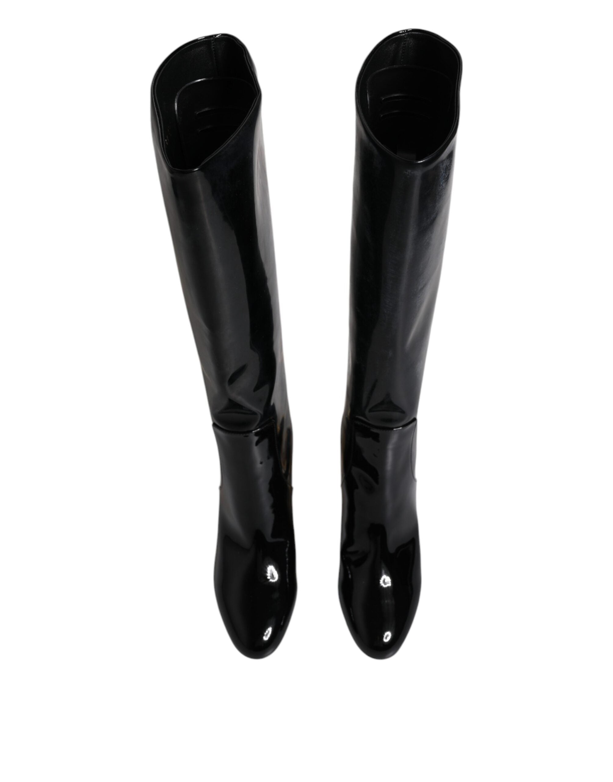 Bottes hautes en cuir verni noir de Dolce & Gabbana, style élégant et sophistiqué, chaussures pour femmes.