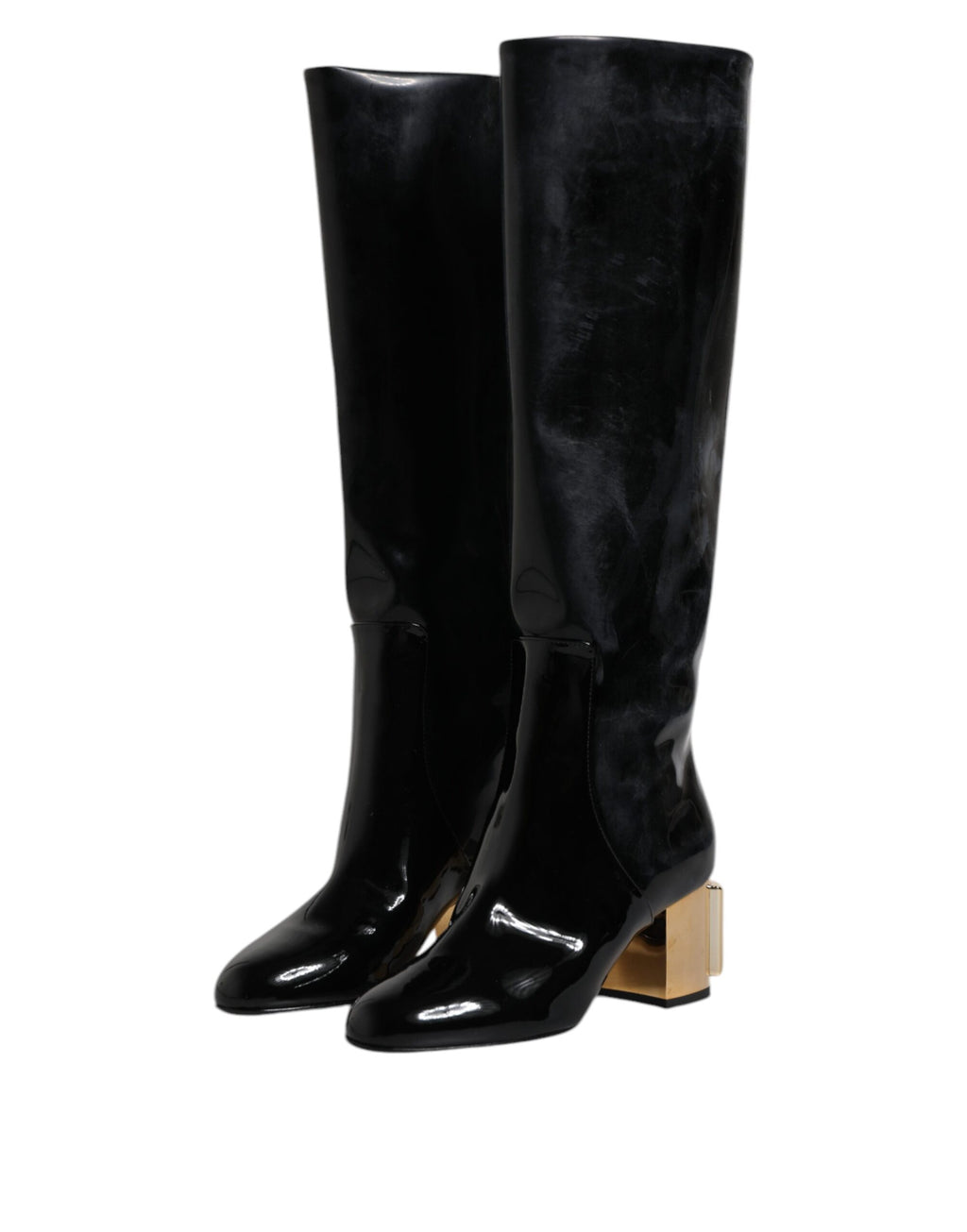 Bottes hautes en cuir verni noir Dolce & Gabbana Vally, chaussures élégantes pour femme, vue de face.