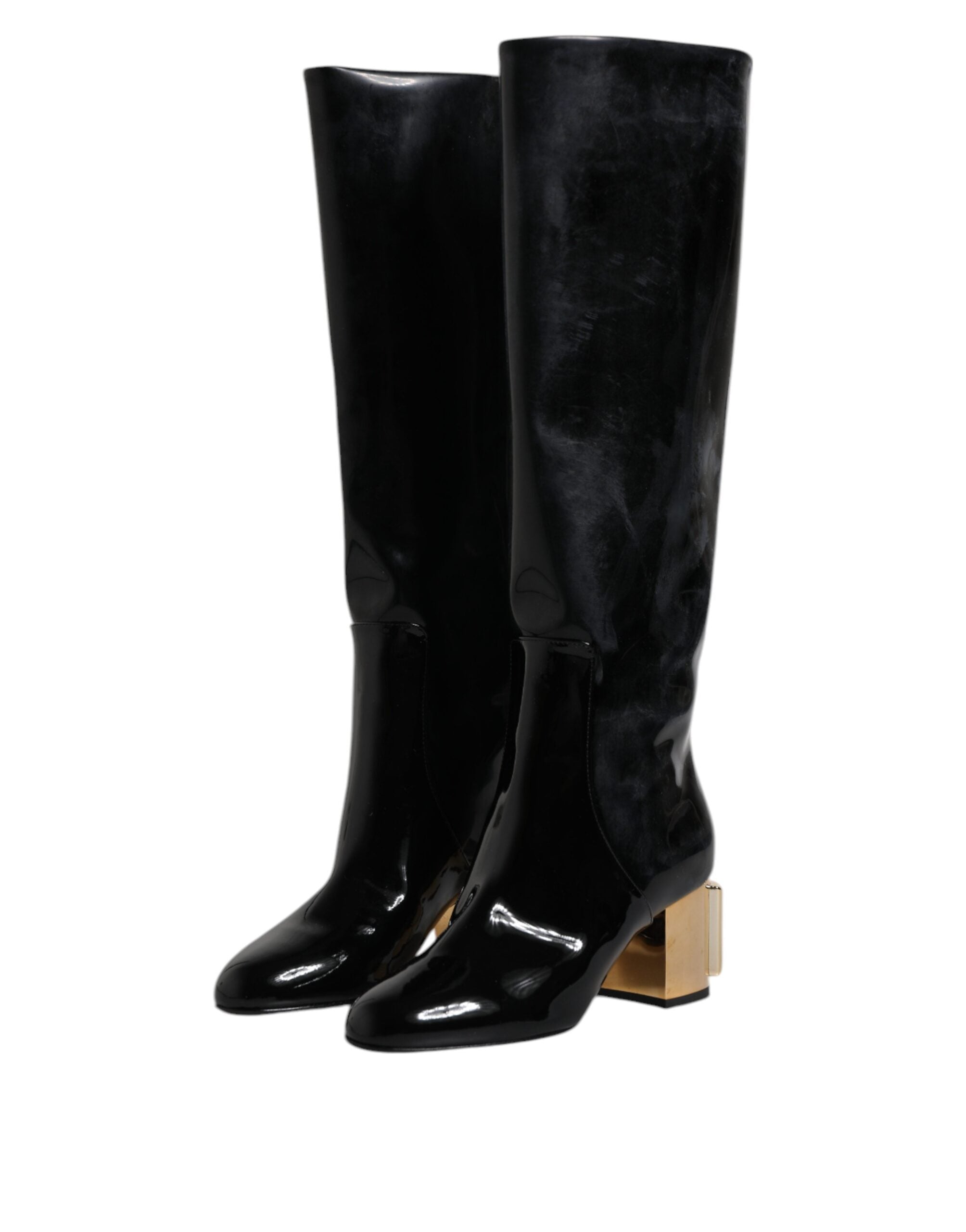 Bottes hautes en cuir verni noir Dolce & Gabbana Vally, chaussures élégantes pour femme, vue de face.