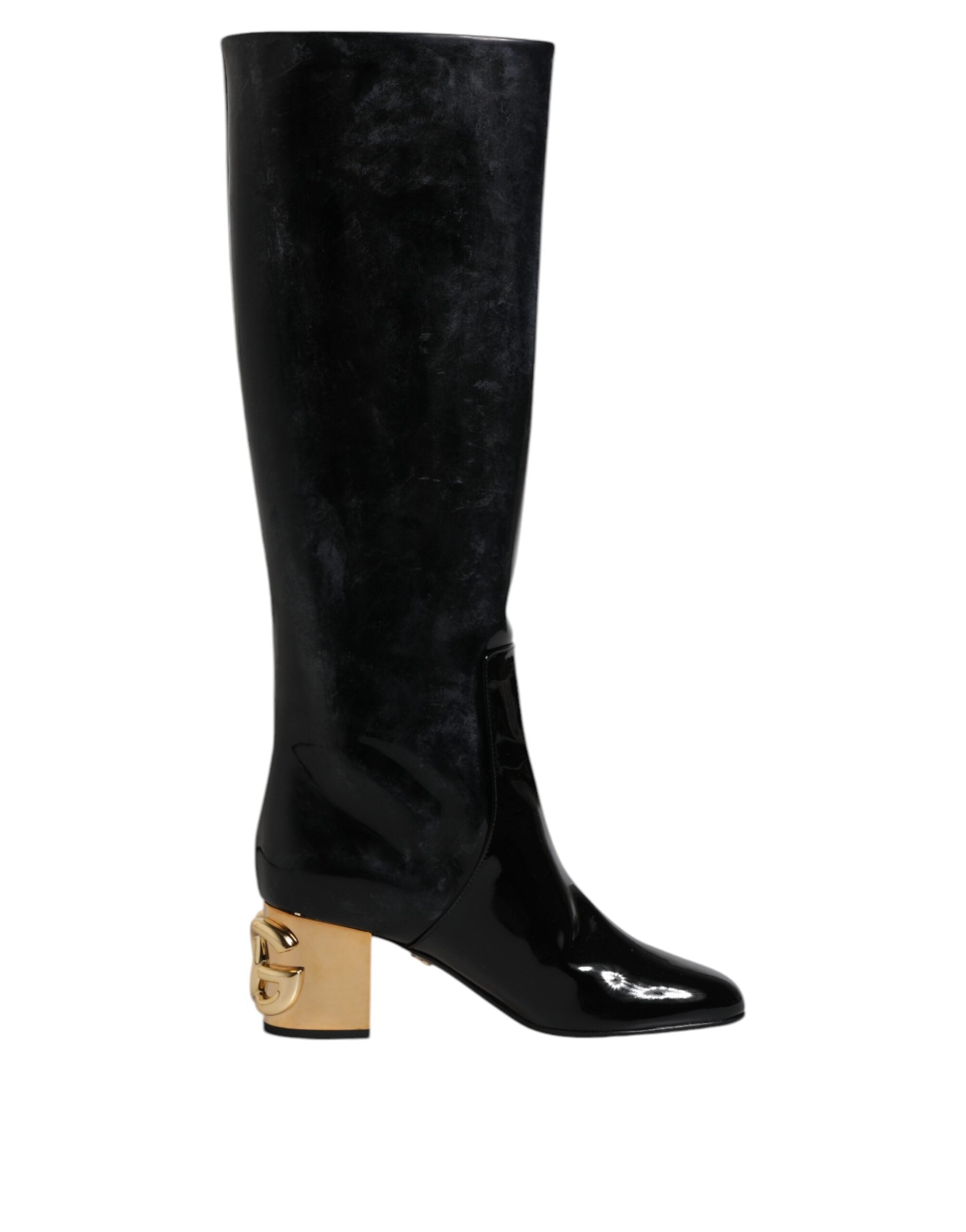 Bottes hautes en cuir verni noir Dolce & Gabbana, style Vally, avec talons hauts et finition brillante.
