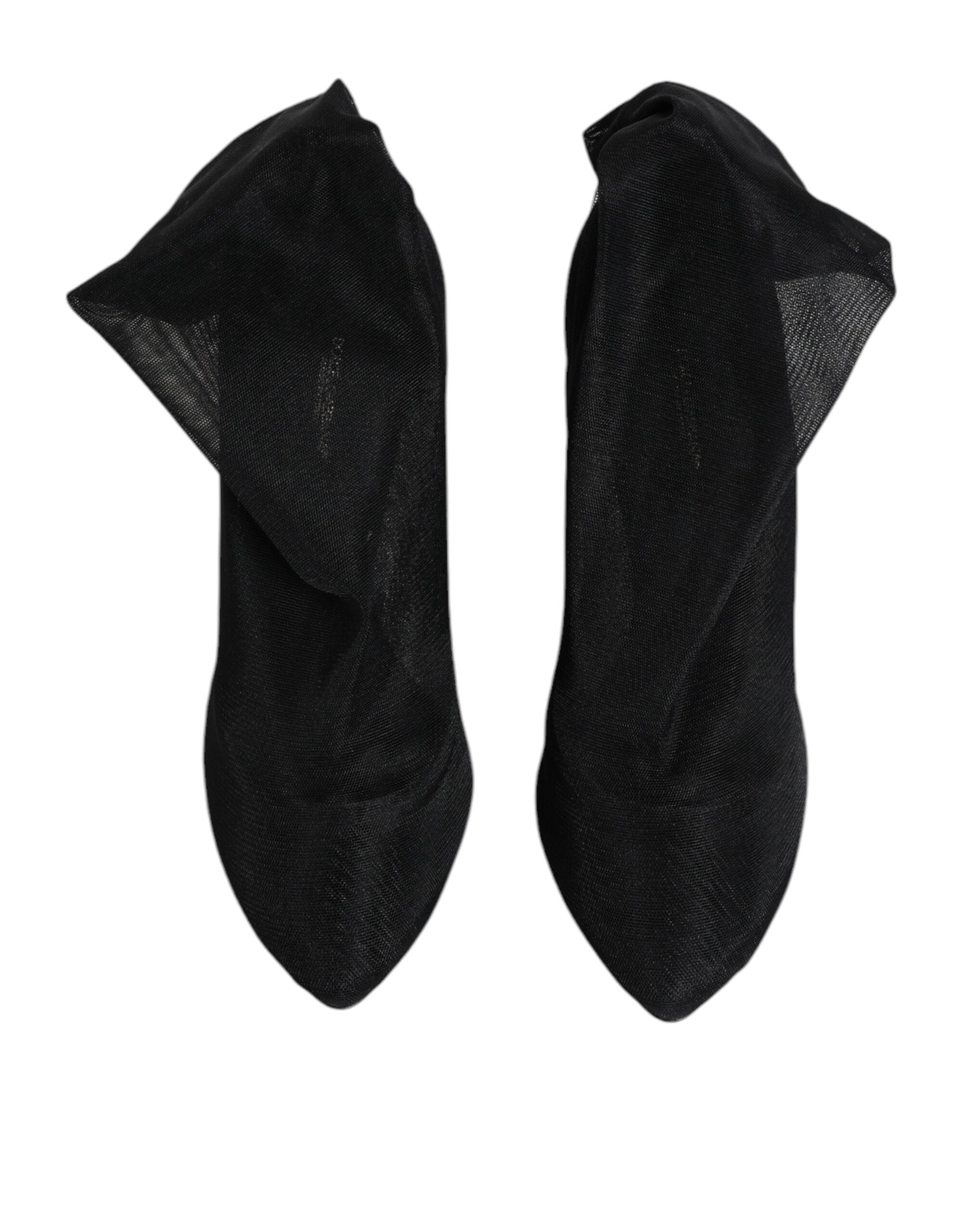 Bottes en mesh stretch et satin noir de Dolce & Gabbana, chaussures élégantes à talon pour femmes.