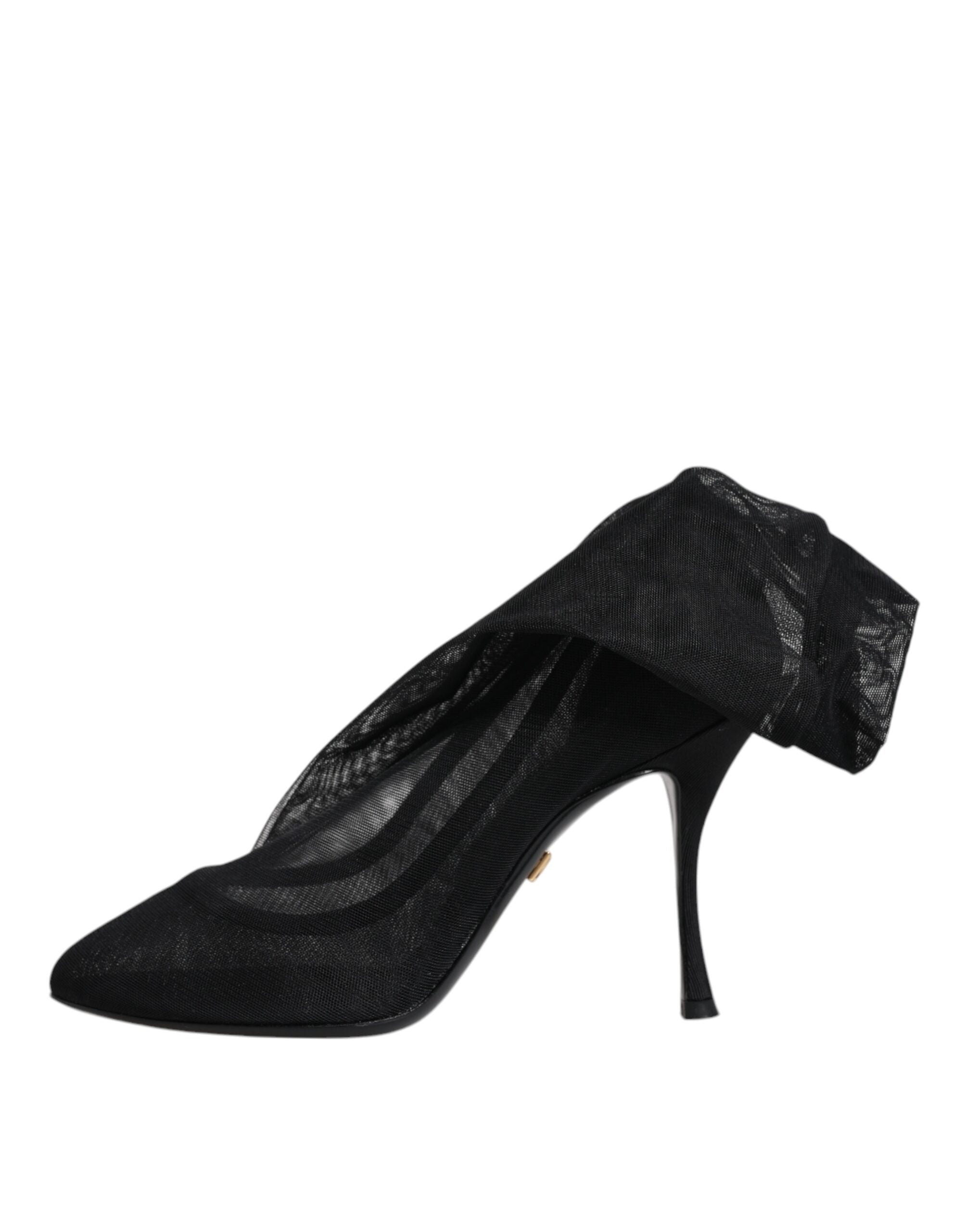 Botines en mesh stretch en seda noire de Dolce & Gabbana, talons hauts élégants, chaussures mode sophistiquées.