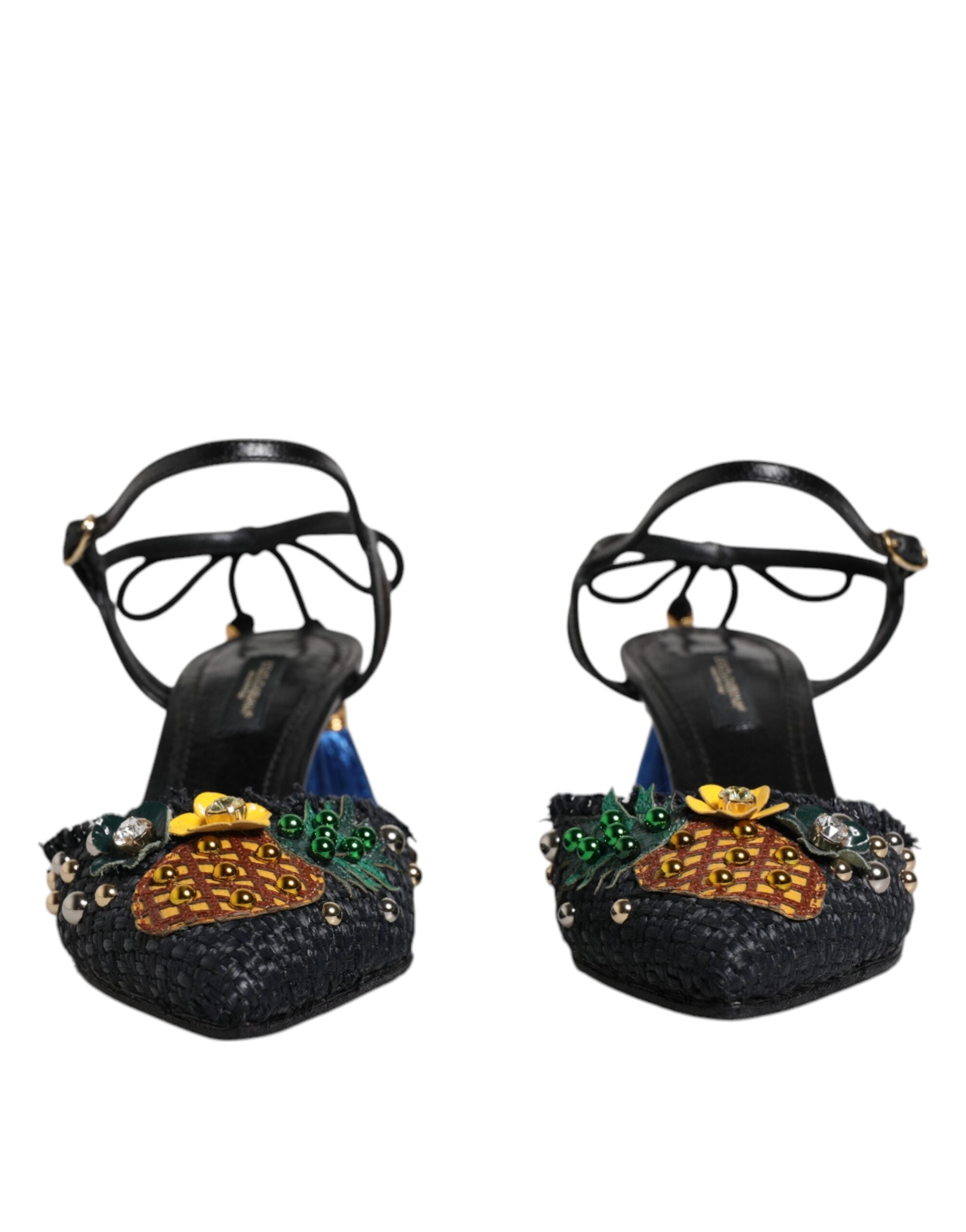 Sandales Dolce & Gabbana Bellucci à talons noirs en forme d'ananas, élégantes et sophistiquées, vues de face sur fond neutre.