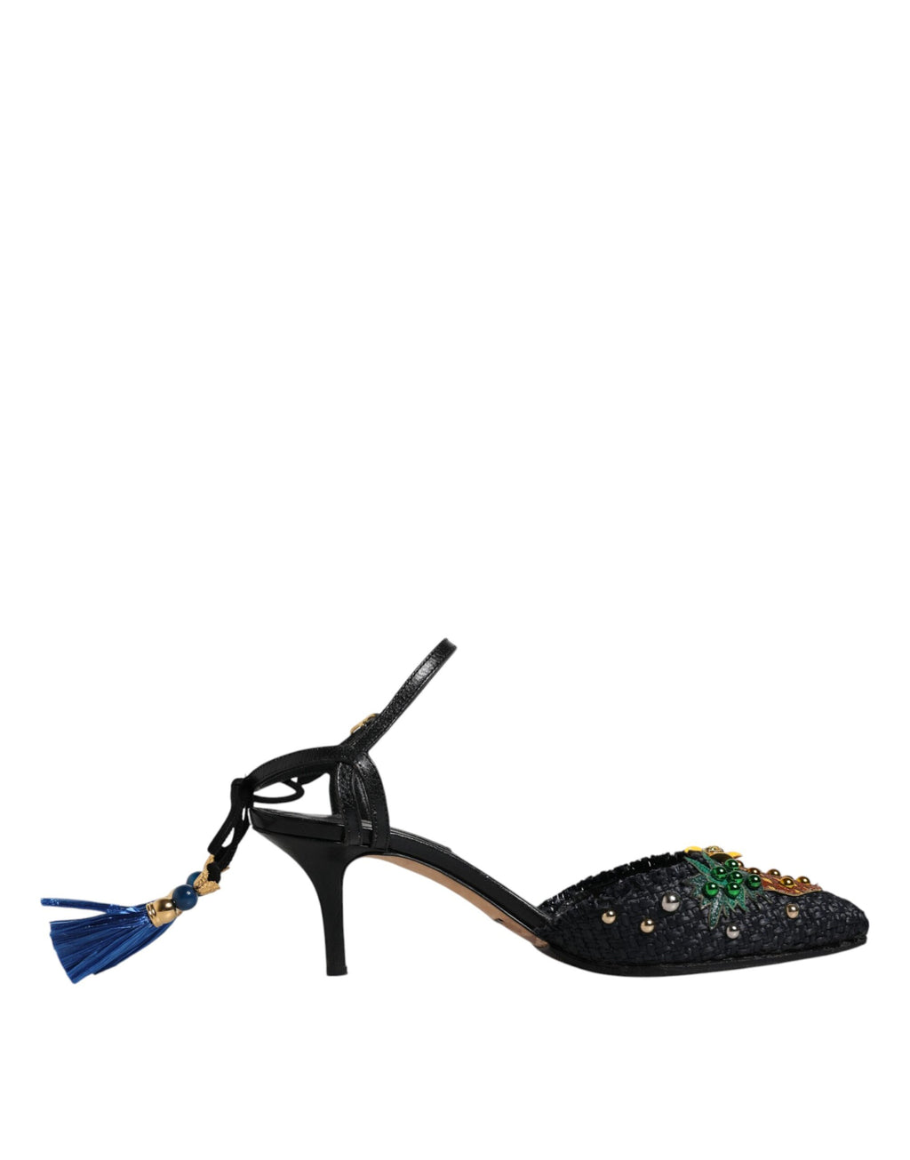 Sandales Dolce & Gabbana Bellucci à talons en forme d'ananas noir, élégantes et sophistiquées, vues de face sur fond neutre.