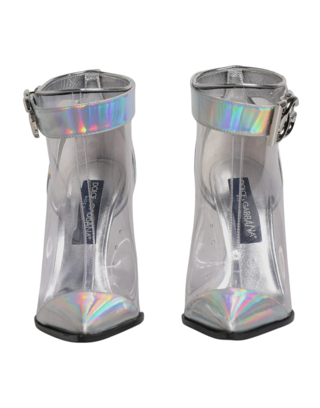 Bottes courtes pointues en argent iridescent de Dolce & Gabbana, style élégant et brillant, pour femmes.