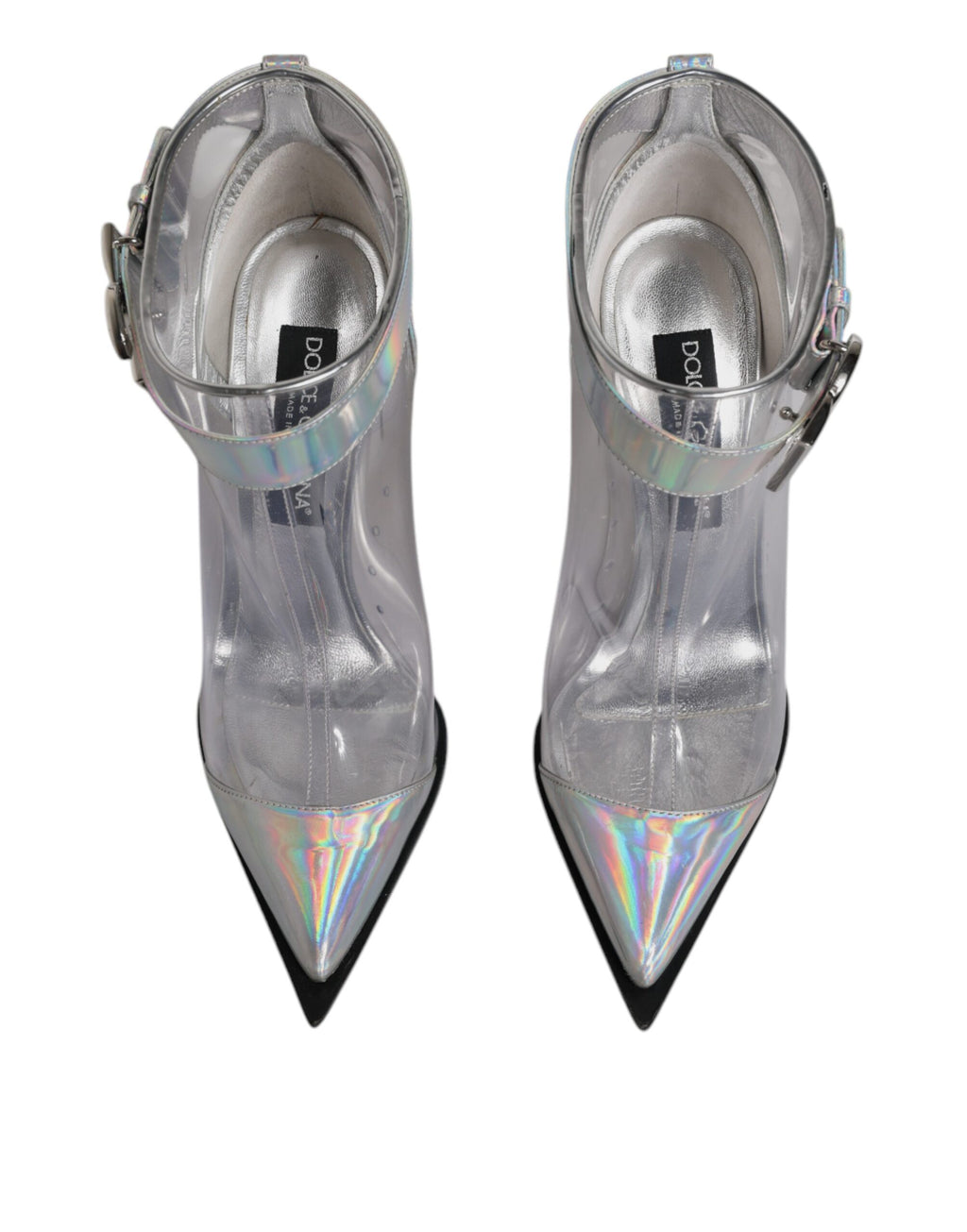 Bottes courtes pointues en argent irisé de Dolce & Gabbana, chausson en cuir avec finition brillante et semelle en cuir.