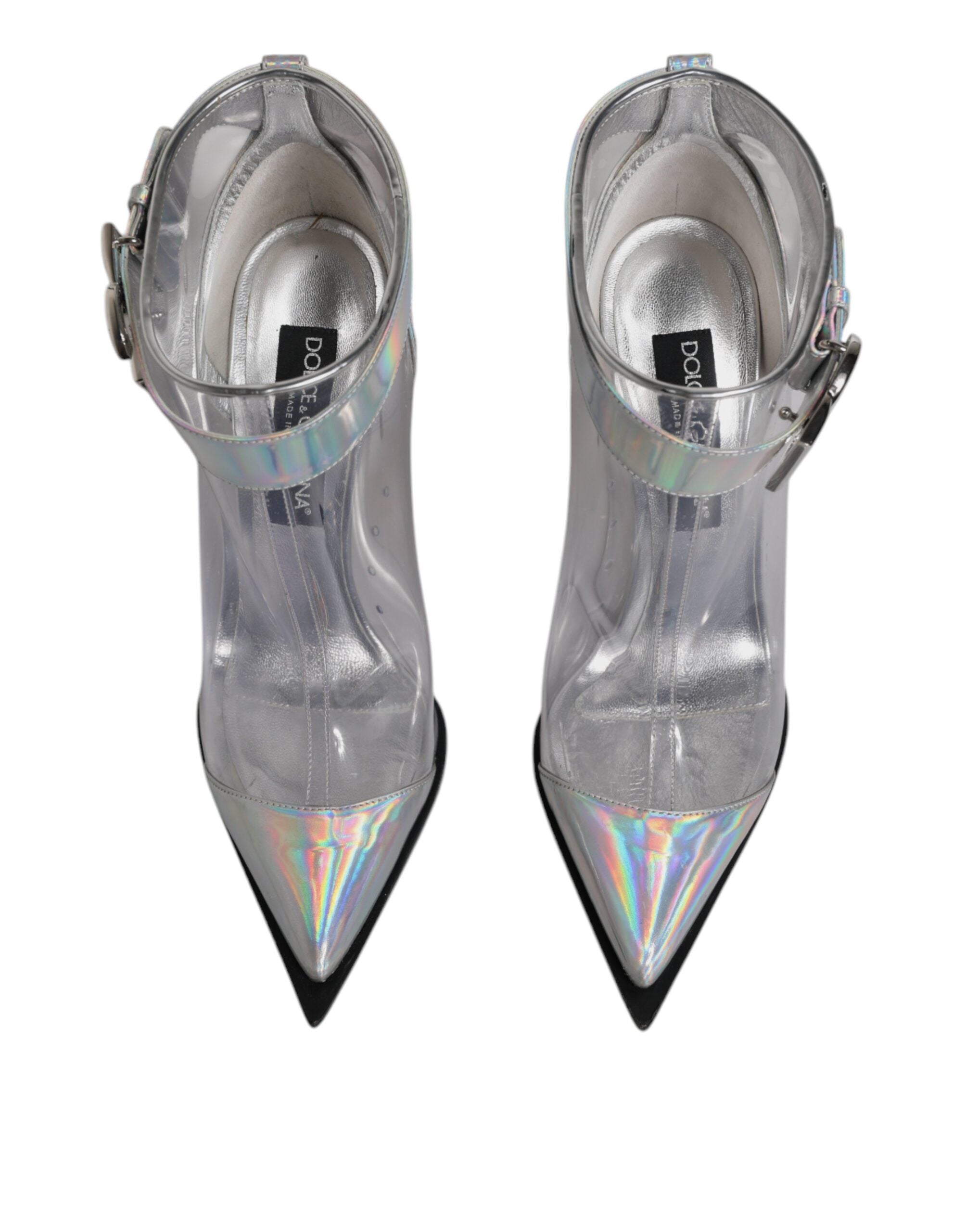 Bottes courtes pointues en argent irisé de Dolce & Gabbana, chausson en cuir avec finition brillante et semelle en cuir.