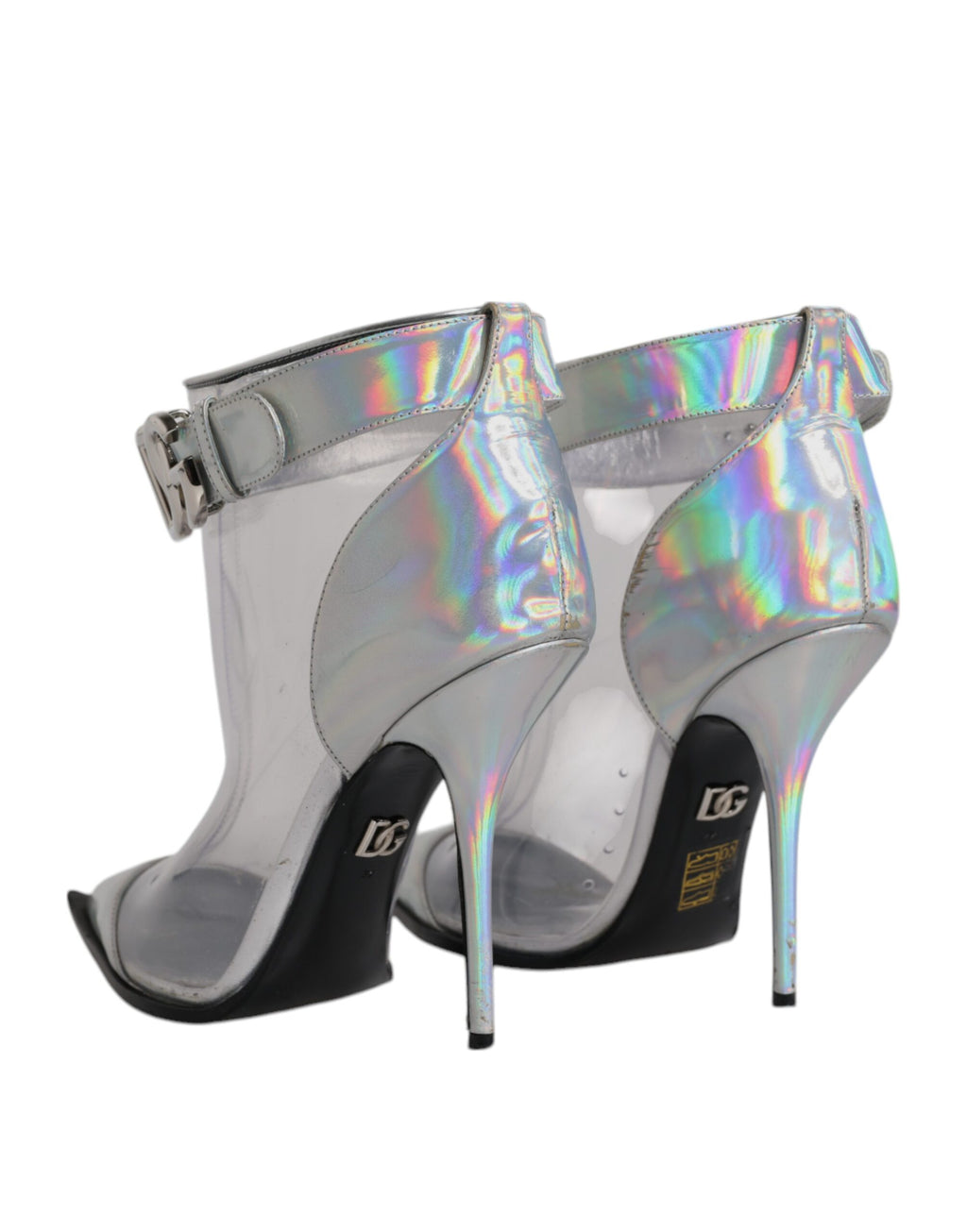 Chaussures à talons courts en argent irisé de Dolce & Gabbana, bottines pointues élégantes et brillantes pour femmes.