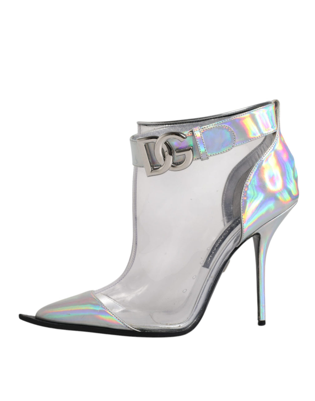 Bottines courtes pointues en argent irisé Dolce & Gabbana, chaussures élégantes en cuir brillant à talon moyen.