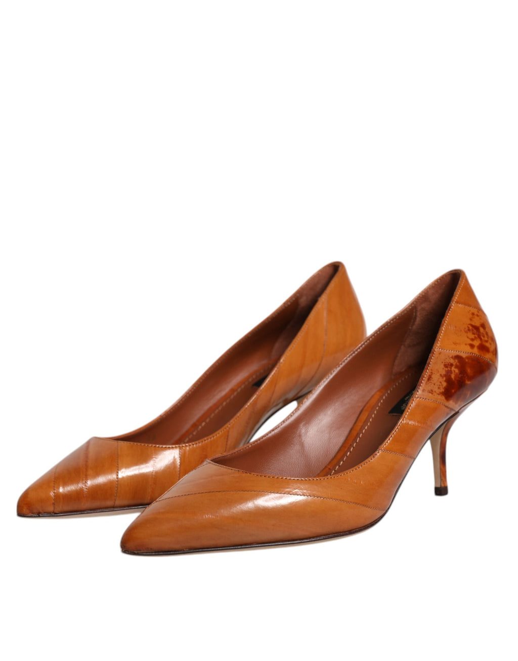 Chaussures Dolce & Gabbana en cuir marron, talons chaton élégants, pompe chic pour femme, vue de côté.