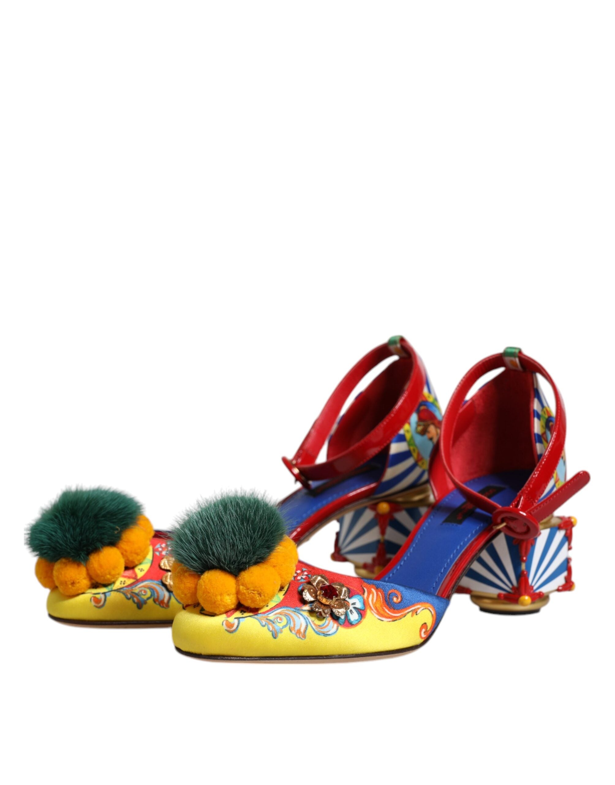 Sandales Dolce & Gabbana Carretto multicolores avec cristaux et fourrure, élégantes chaussures à talons pour femmes.