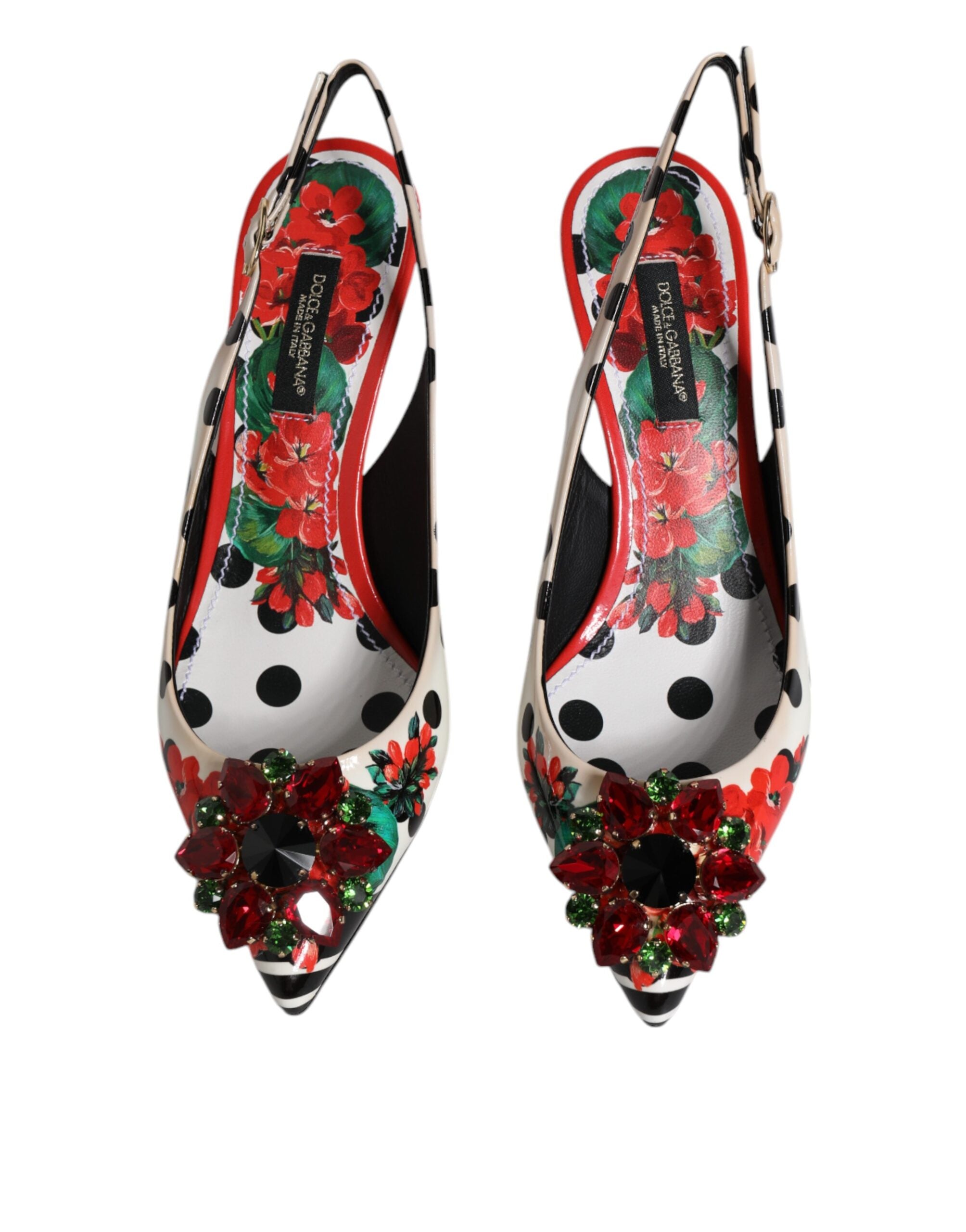 Chaussures à talons multicolores en cuir avec cristaux, stilettos Dolce & Gabbana à talon slingback élégants.