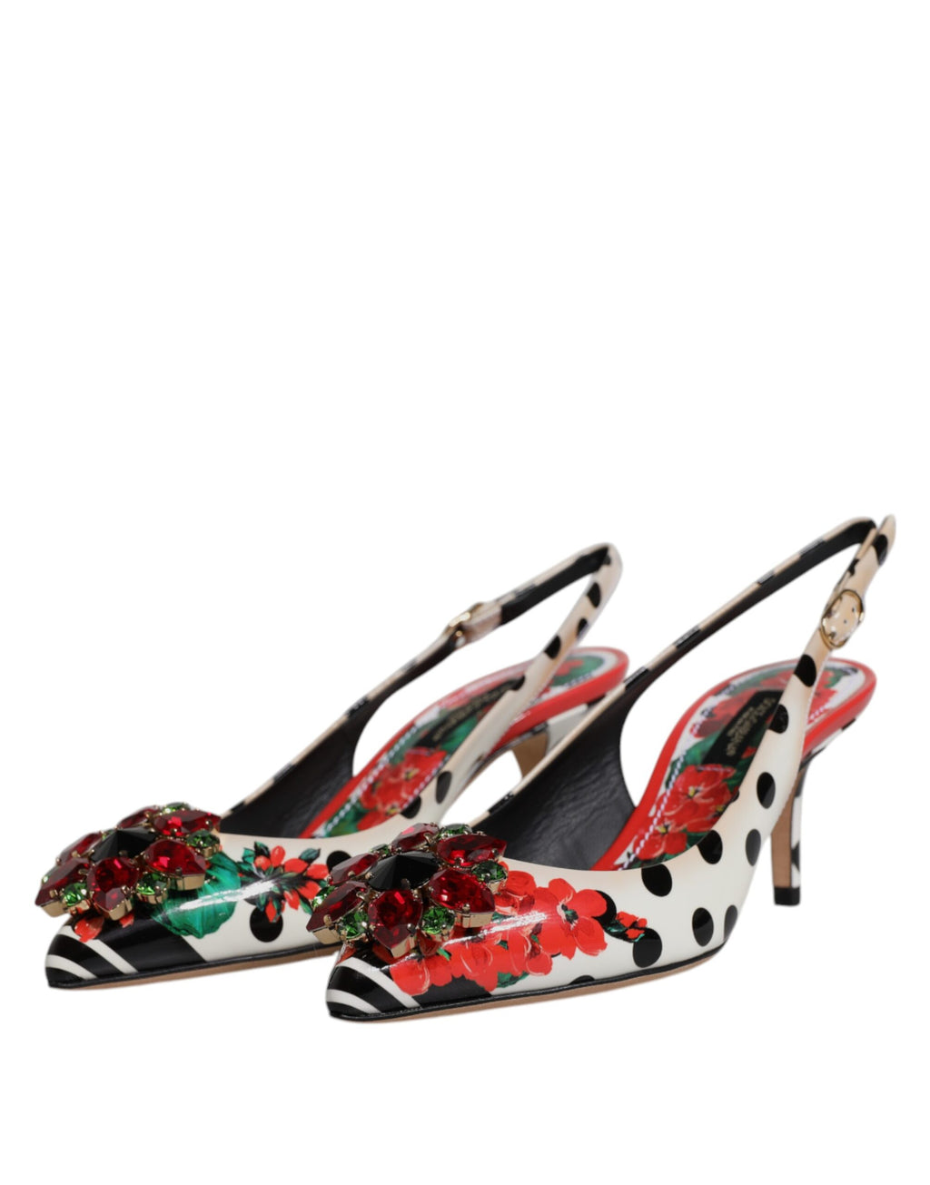 Chaussures à talons Dolce & Gabbana en cuir multicolore avec cristaux, sandales à talon slingback élégantes.