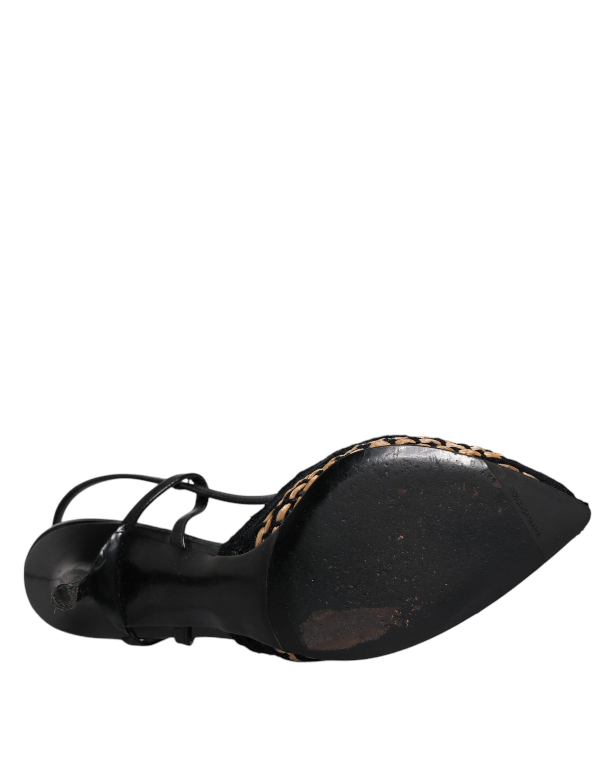 Chaussures à talons haut en dentelle noire et brune Dolce & Gabbana, sandales slingback élégantes pour femmes.