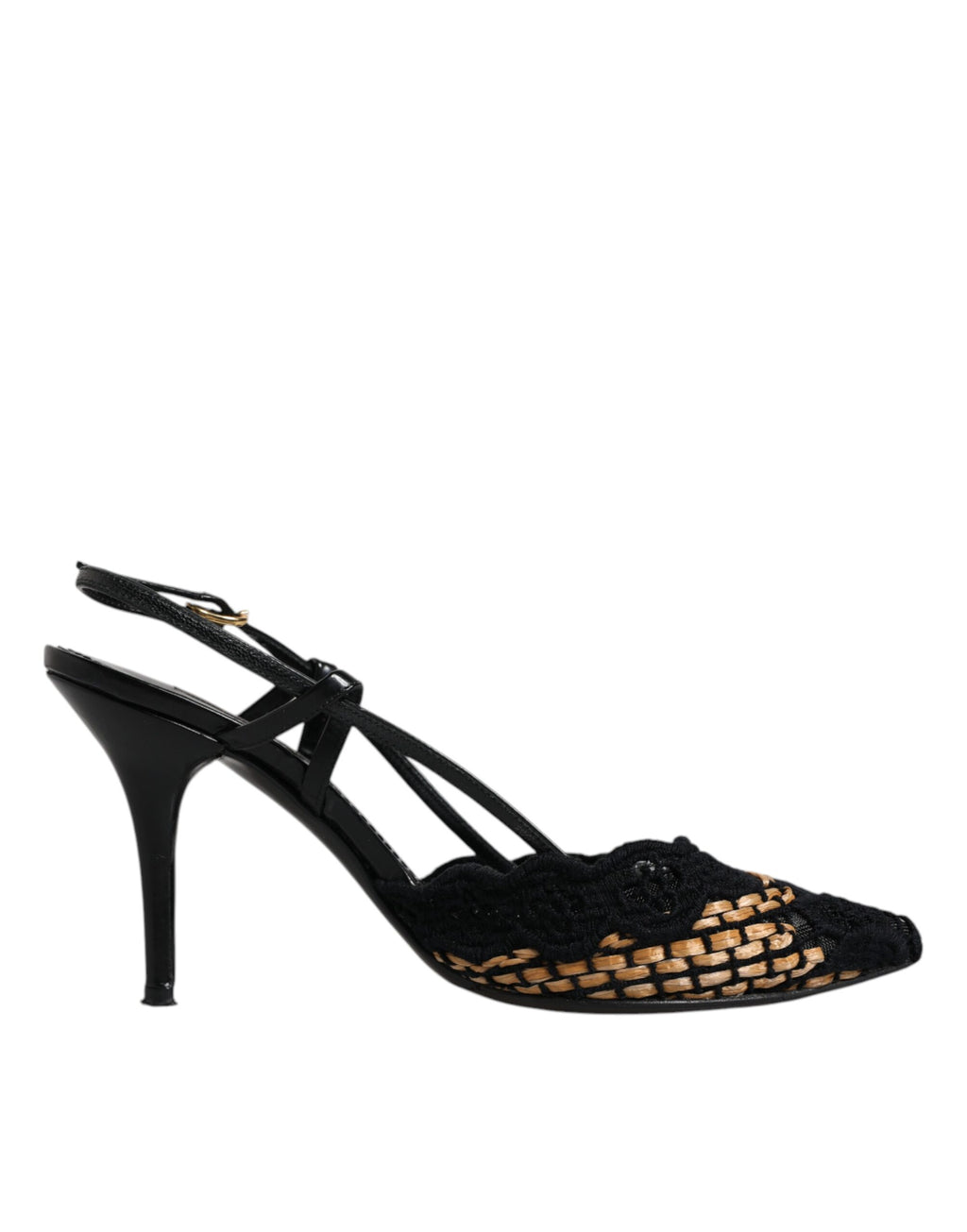 Chaussures femme Dolce & Gabbana talons hauts en dentelle noire et marron, à talons hauts et bride au dos.