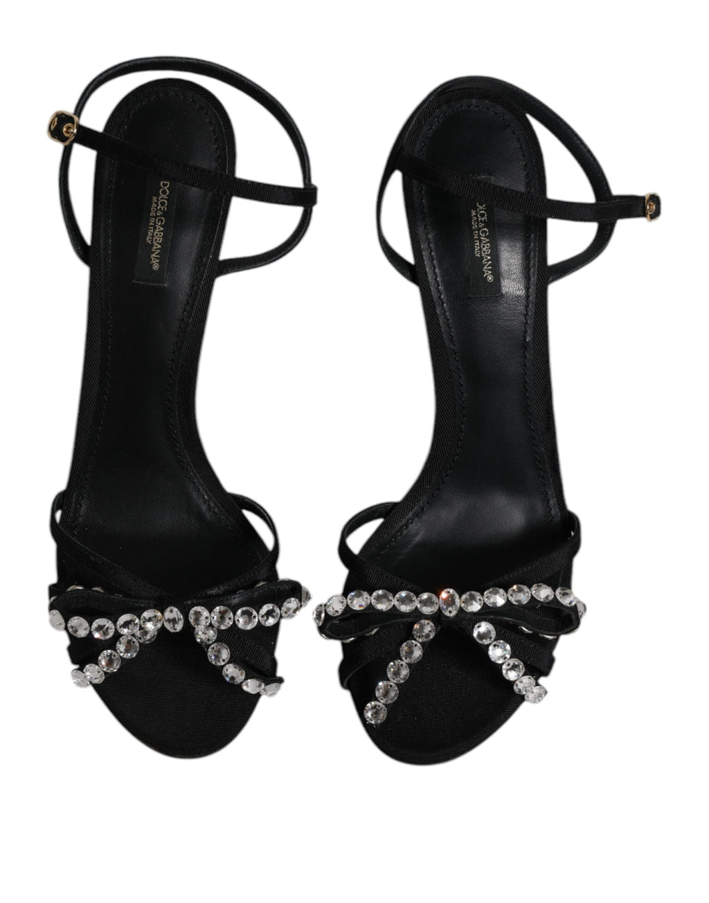 Sandales à talons noires en cuir avec cristaux de Dolce & Gabbana, chaussures élégantes pour femmes.