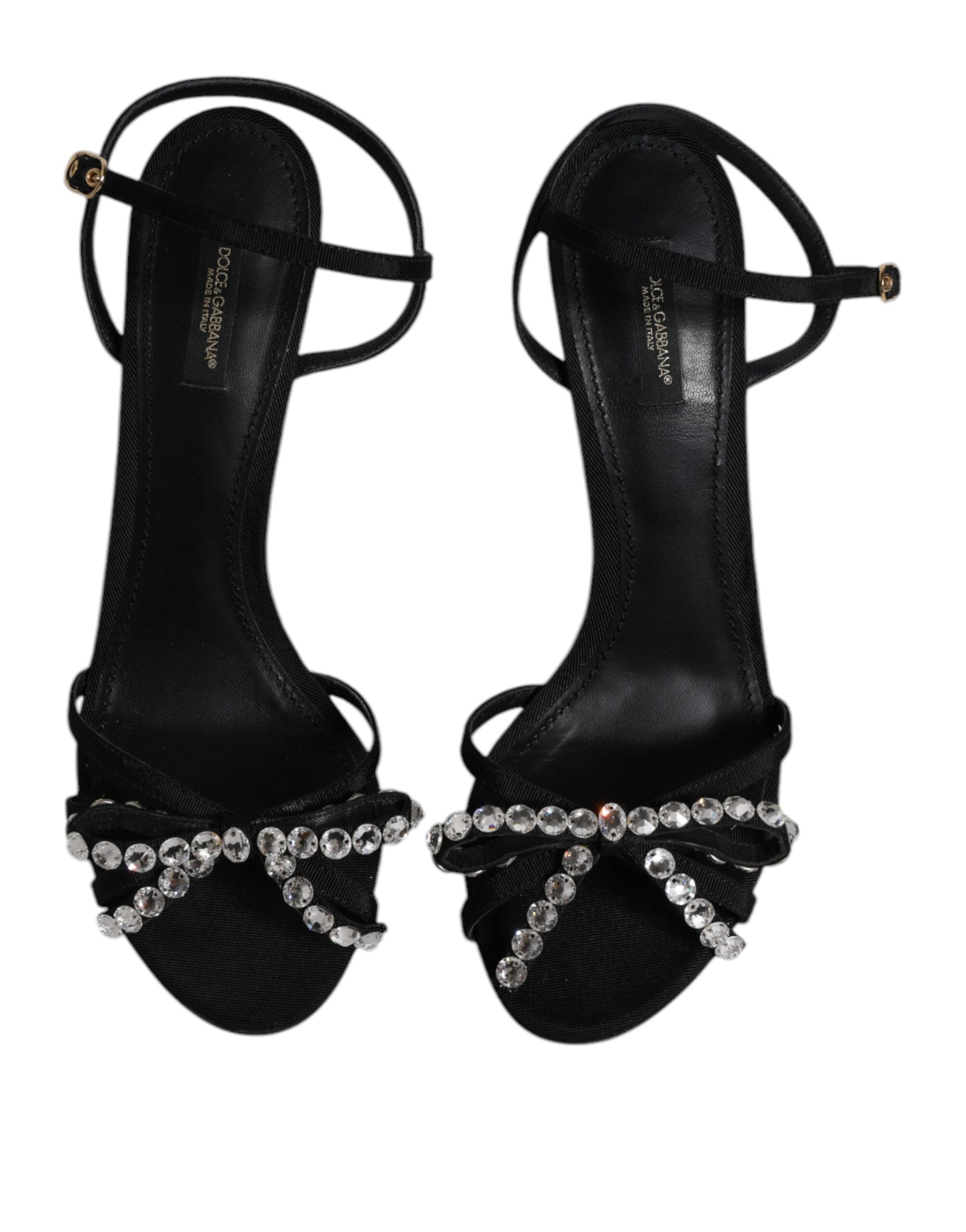 Sandales à talons noires en cuir avec cristaux de Dolce & Gabbana, chaussures élégantes pour femmes.