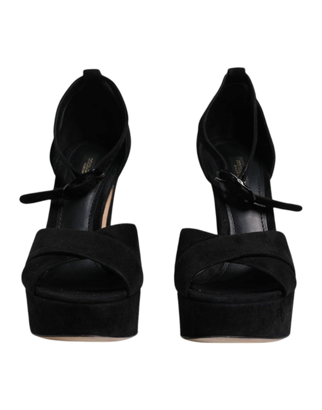 Sandales à talons plateforme en cuir noir de Dolce & Gabbana, chaussures élégantes avec brides en cuir, vue de face.