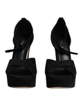 Sandales à talons plateforme en cuir noir de Dolce & Gabbana, chaussures élégantes avec brides en cuir, vue de face.