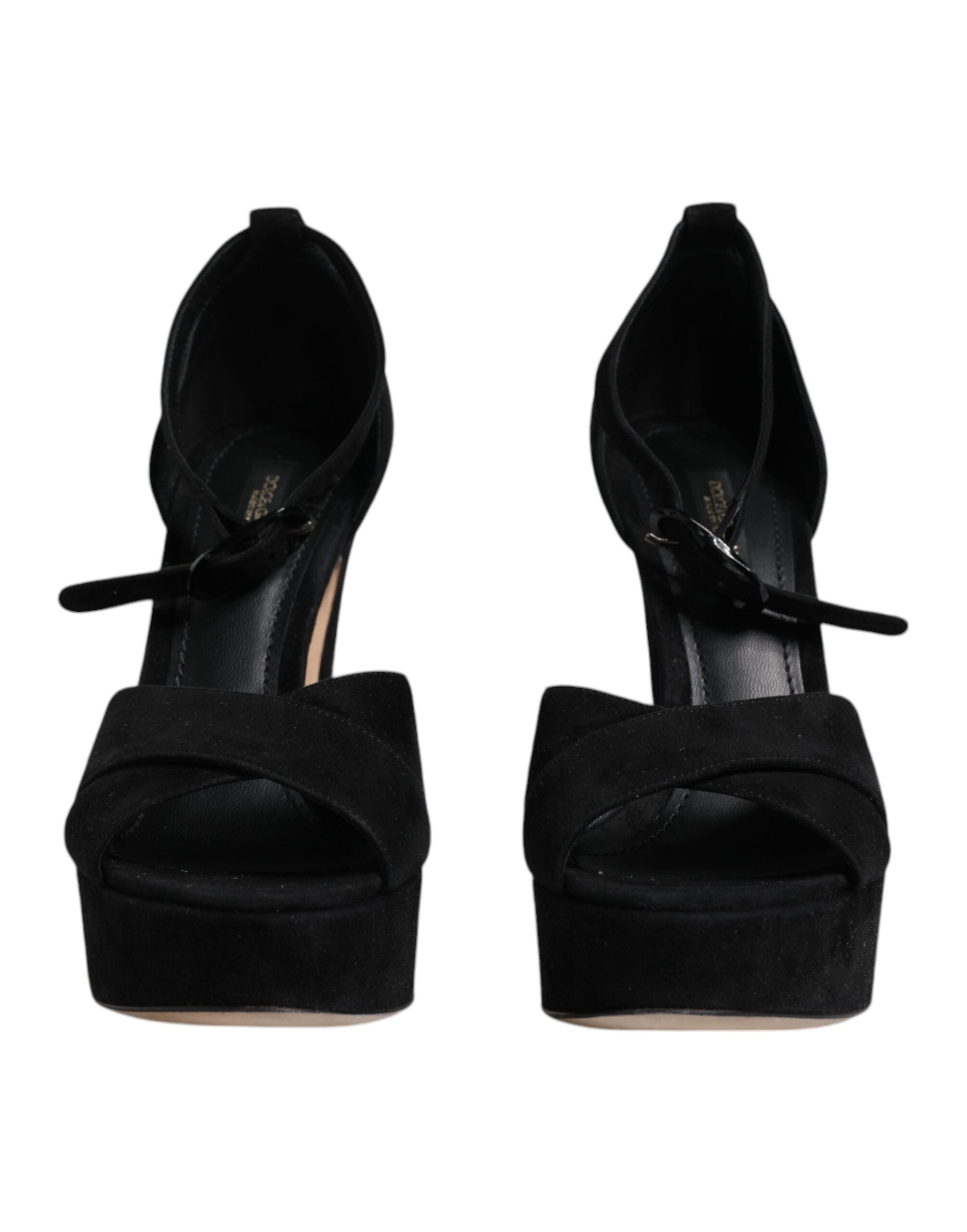 Sandales à talons plateforme en cuir noir de Dolce & Gabbana, chaussures élégantes avec brides en cuir, vue de face.