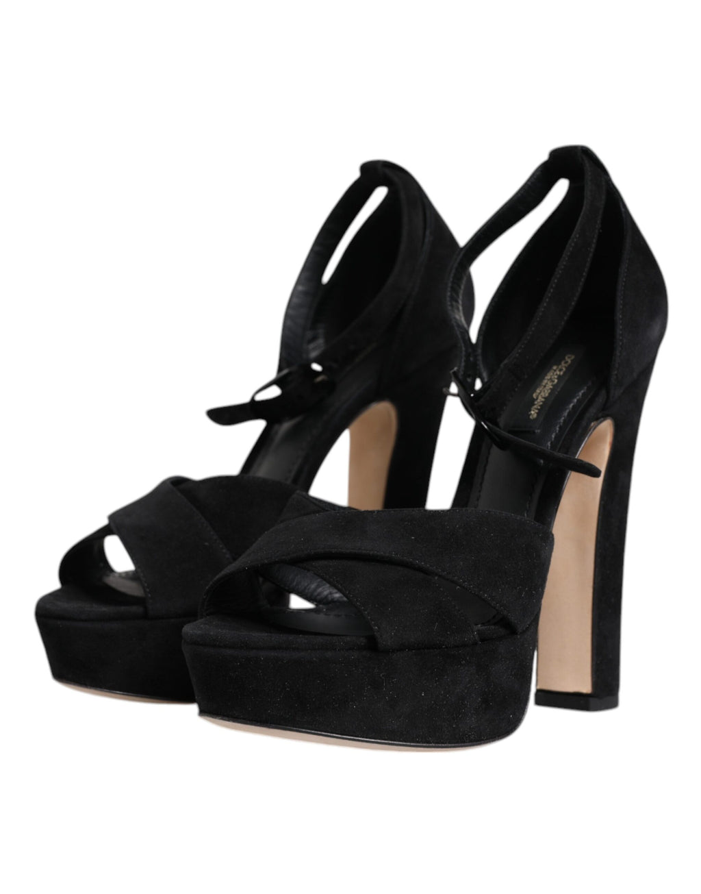 Sandales à talons plateforme en cuir noir de Dolce & Gabbana, chaussures élégantes avec design sophistiqué.