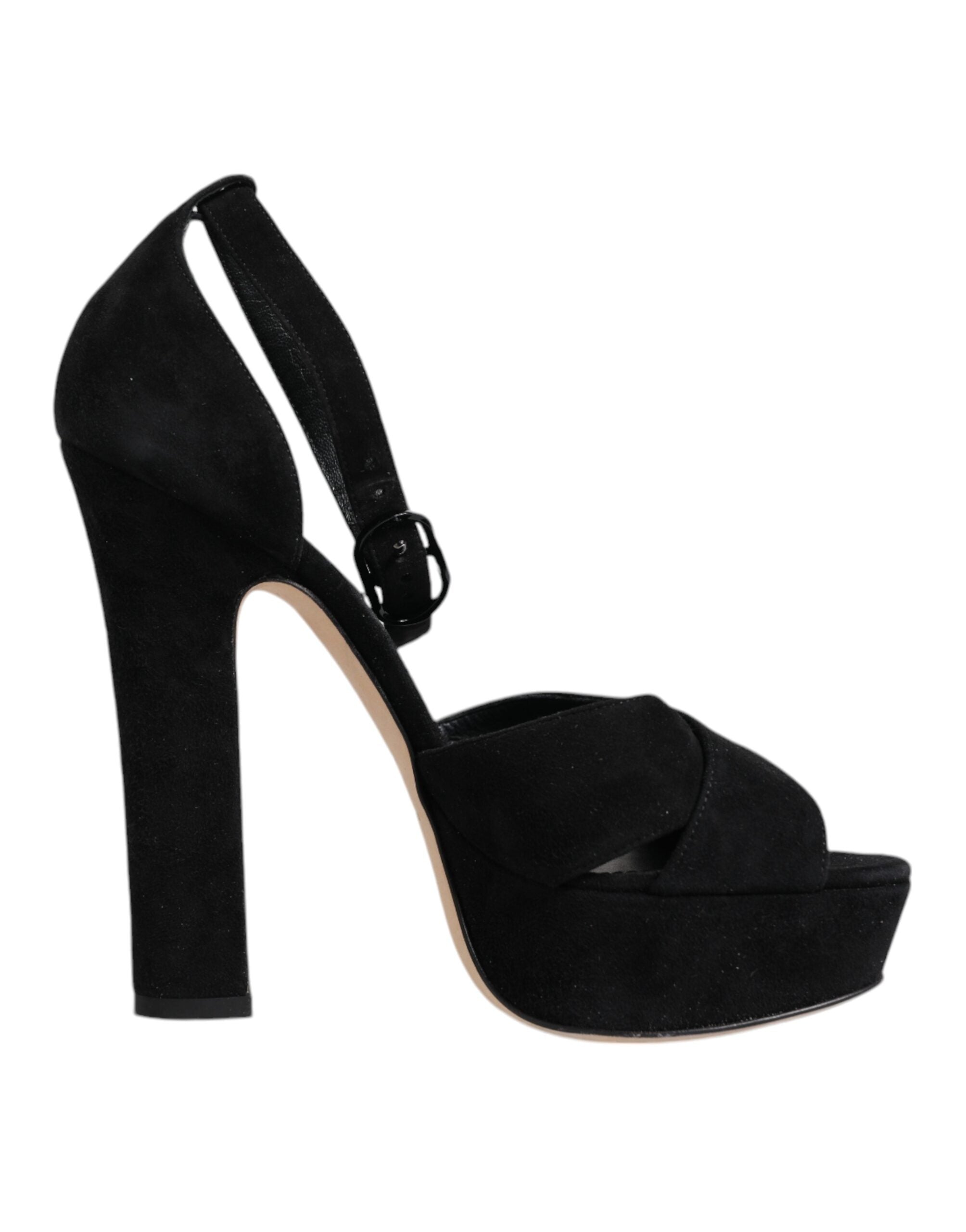 Sandales à talons compensés en cuir noir de Dolce & Gabbana, élégantes chaussures à plateforme pour femmes.