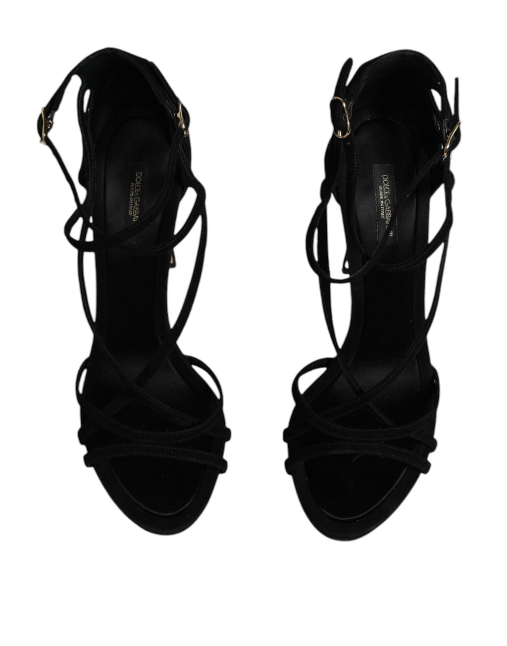 Chaussures à talons Dolce & Gabbana en daim noir avec bride à la cheville, sandales élégantes pour femmes.