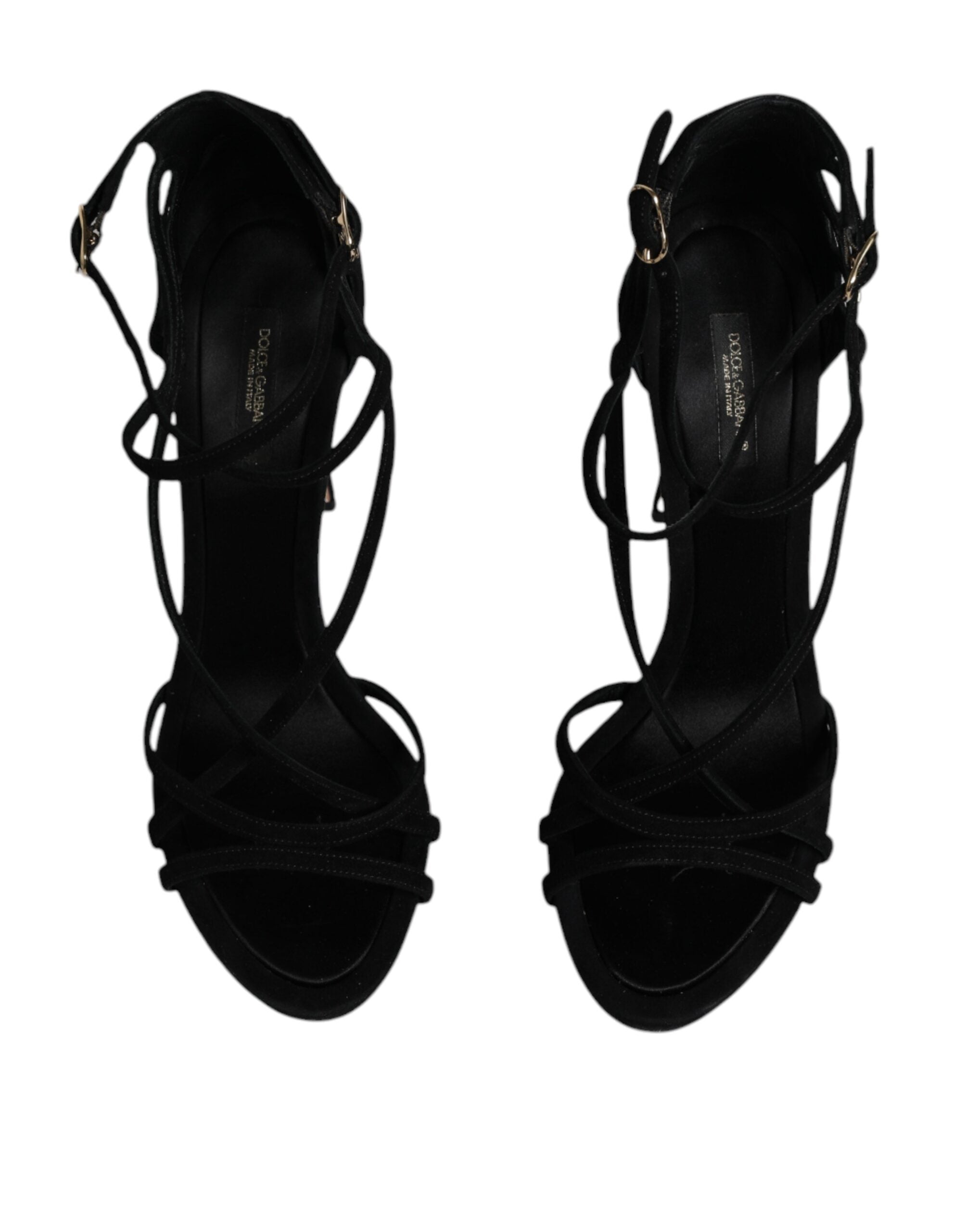 Chaussures à talons Dolce & Gabbana en daim noir avec bride à la cheville, sandales élégantes pour femmes.