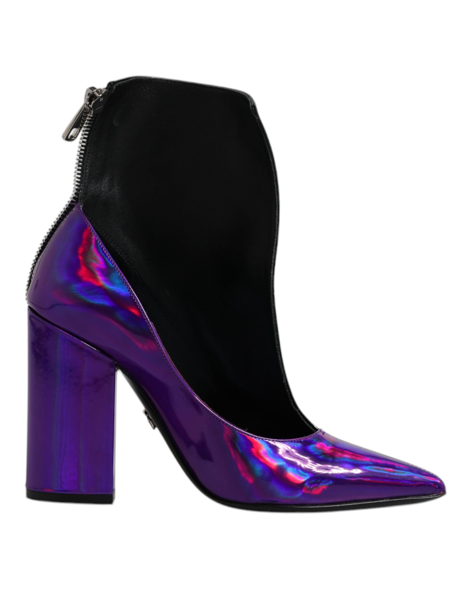 Bottines pointues Dolce & Gabbana pour ankle, en violet et noir, avec semelle en cuir et design élégant.