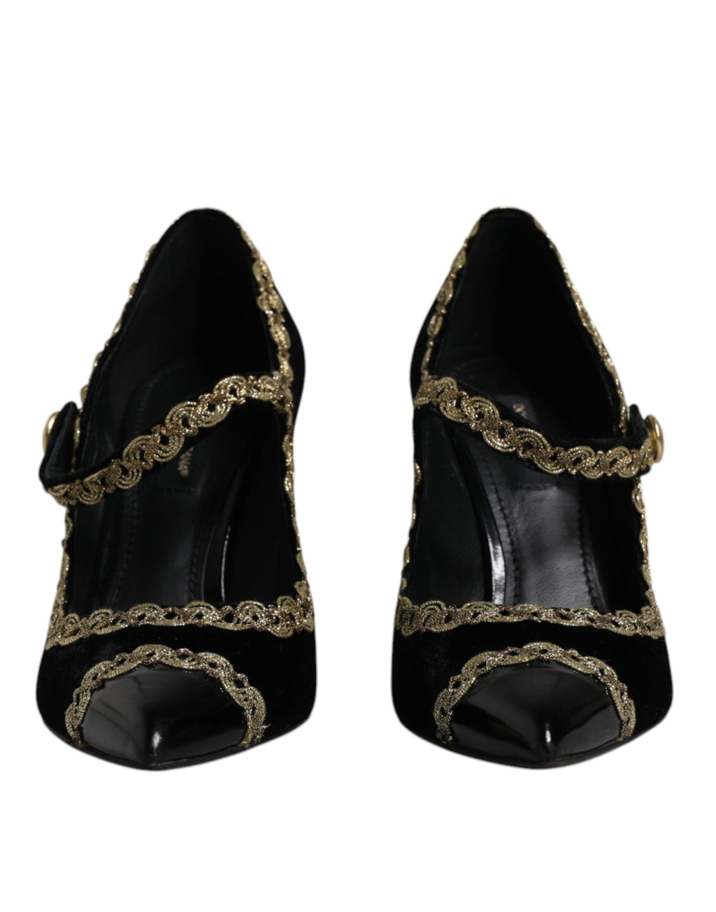 Chaussures Dolce & Gabbana Mary Janes en velours noir avec détails dorés, élégantes et raffinées.