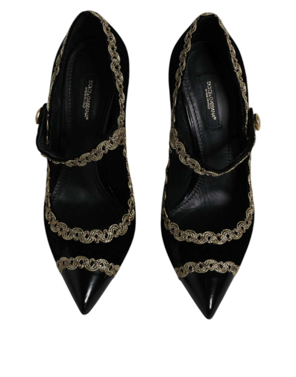 Chaussures Dolce & Gabbana Mary Janes noires en velours avec détails dorés, style élégant et sophistiqué.