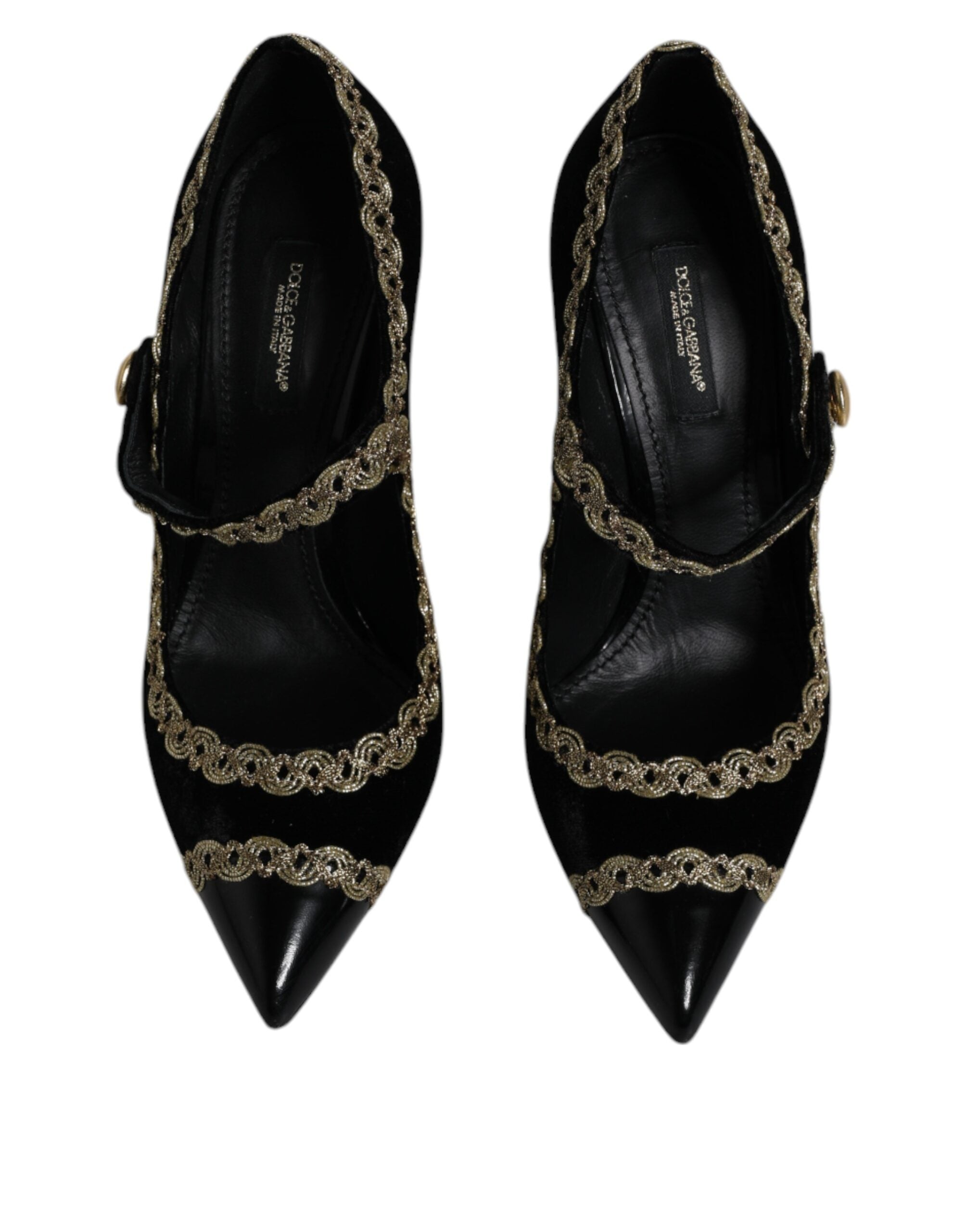 Chaussures Dolce & Gabbana Mary Janes noires en velours avec détails dorés, style élégant et sophistiqué.