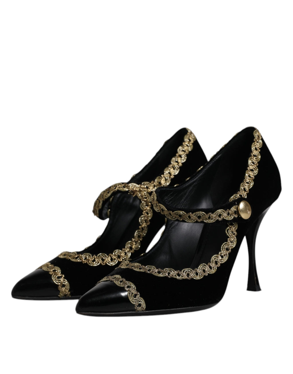 Chaussures à talons Dolce & Gabbana Mary Janes en velours noir avec détails dorés, vues en gros plan.