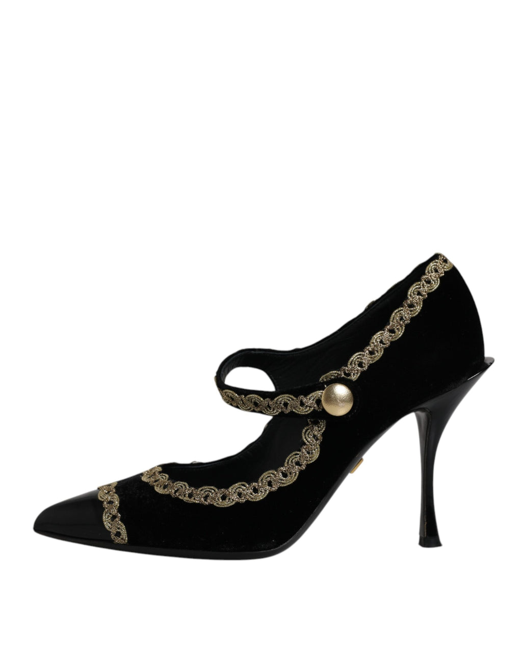 Chaussures Dolce & Gabbana Mary Janes en velours noir avec détails dorés, élégantes et sophistiquées.